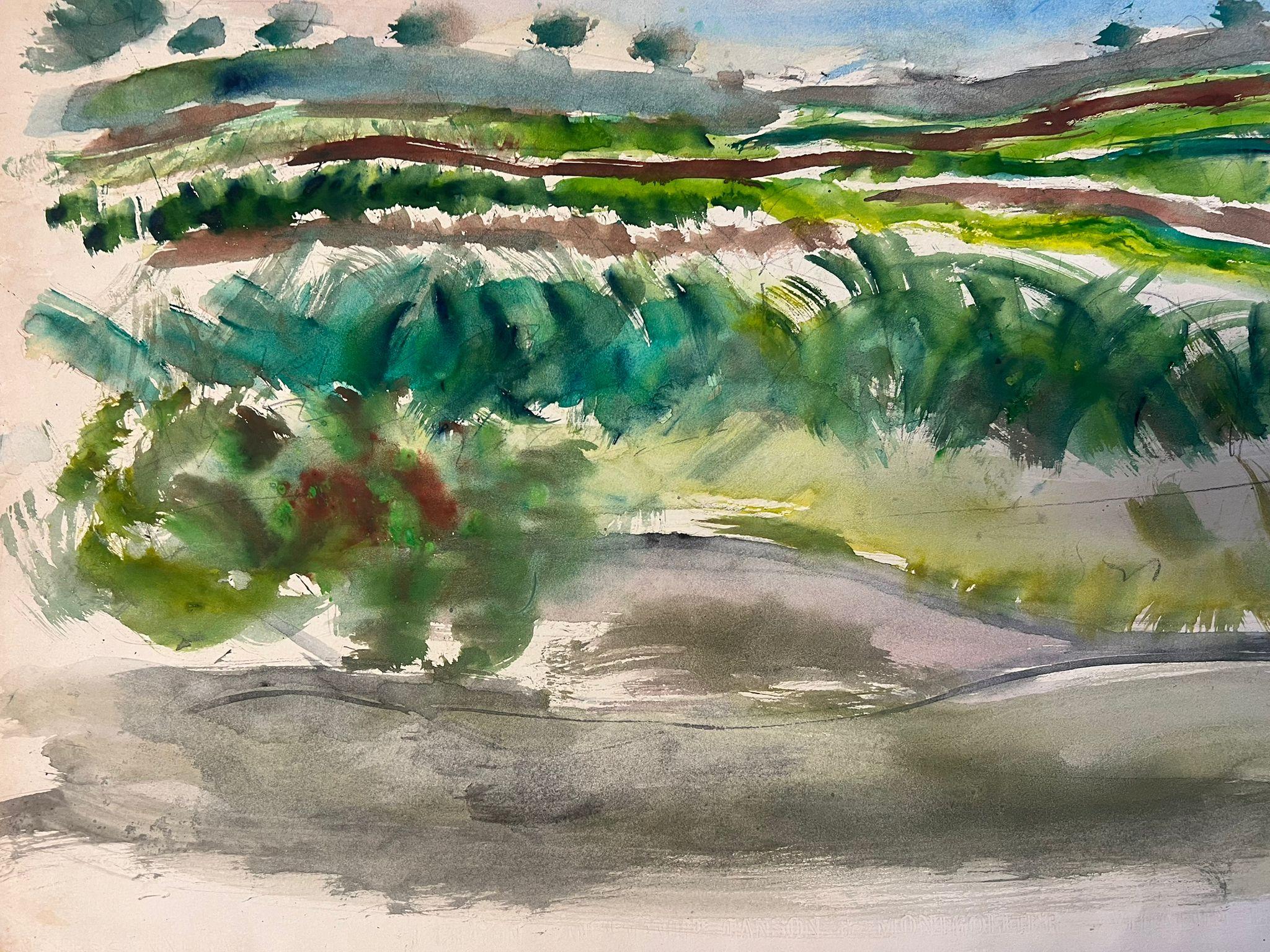 Vibrant Abstract Landscape with Rolling Fields and Sky Expressive Watercolor For Sale 1