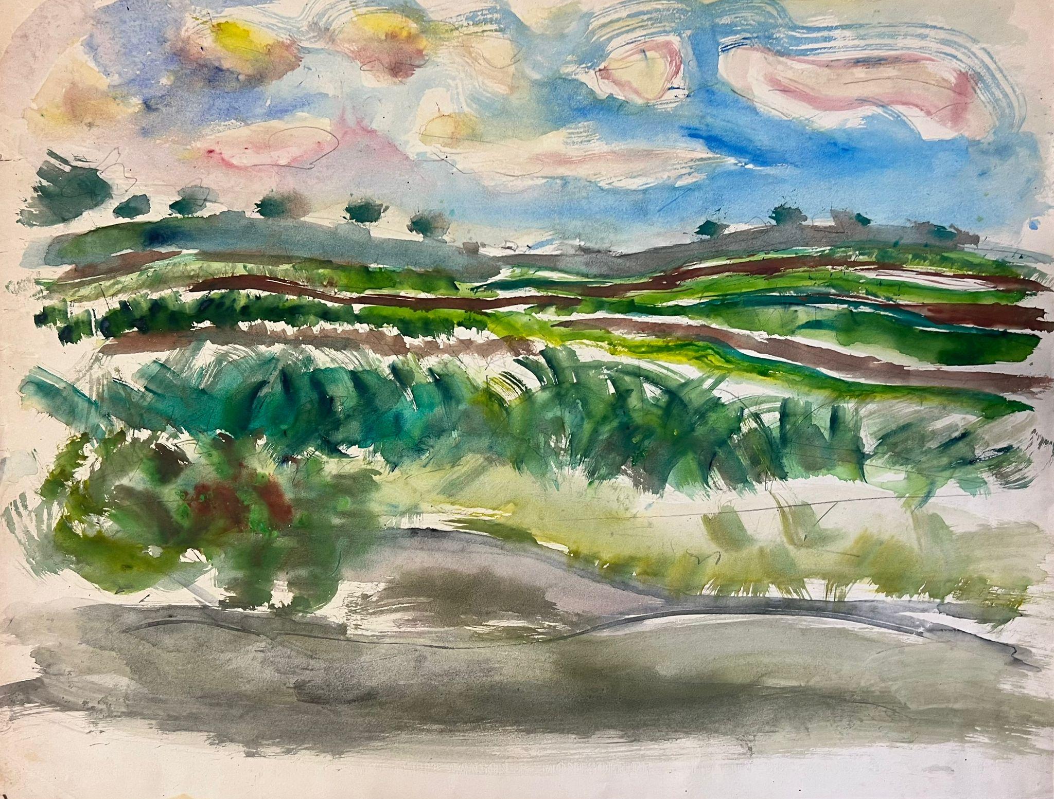 Édouard Righetti (1924-2001) Landscape Painting - Vibrant Abstract Landscape with Rolling Fields and Sky Expressive Watercolor