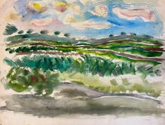 Leuchtend abstrakte Landschaft mit Rolling Fields und Himmel, expressionistisches Aquarell