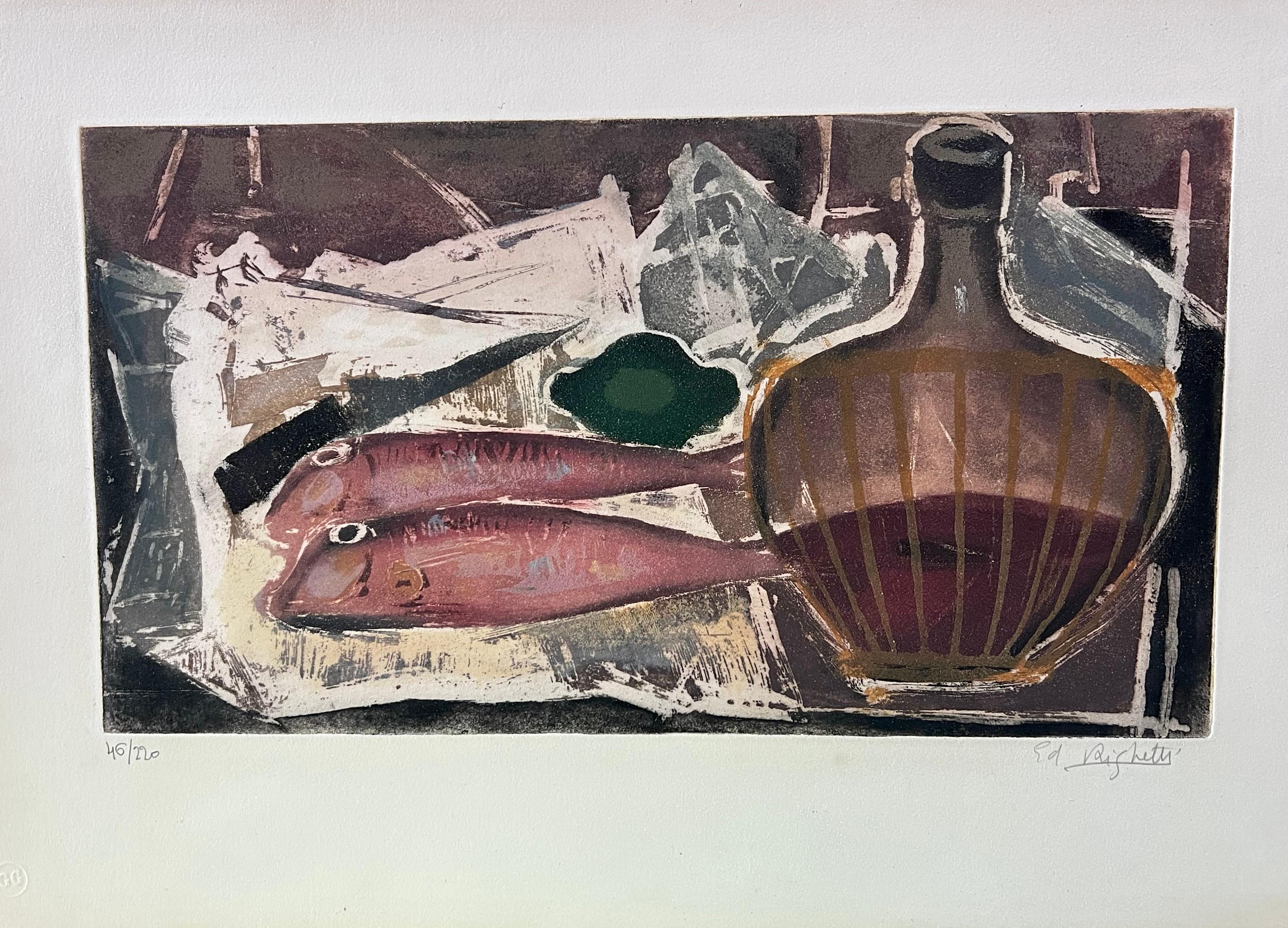 Édouard Righetti (1924-2001) Still-Life Print – Ohne Titel, Stillleben, Fisch, Wein