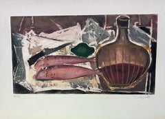 Vintage untitled, still life fish, wine