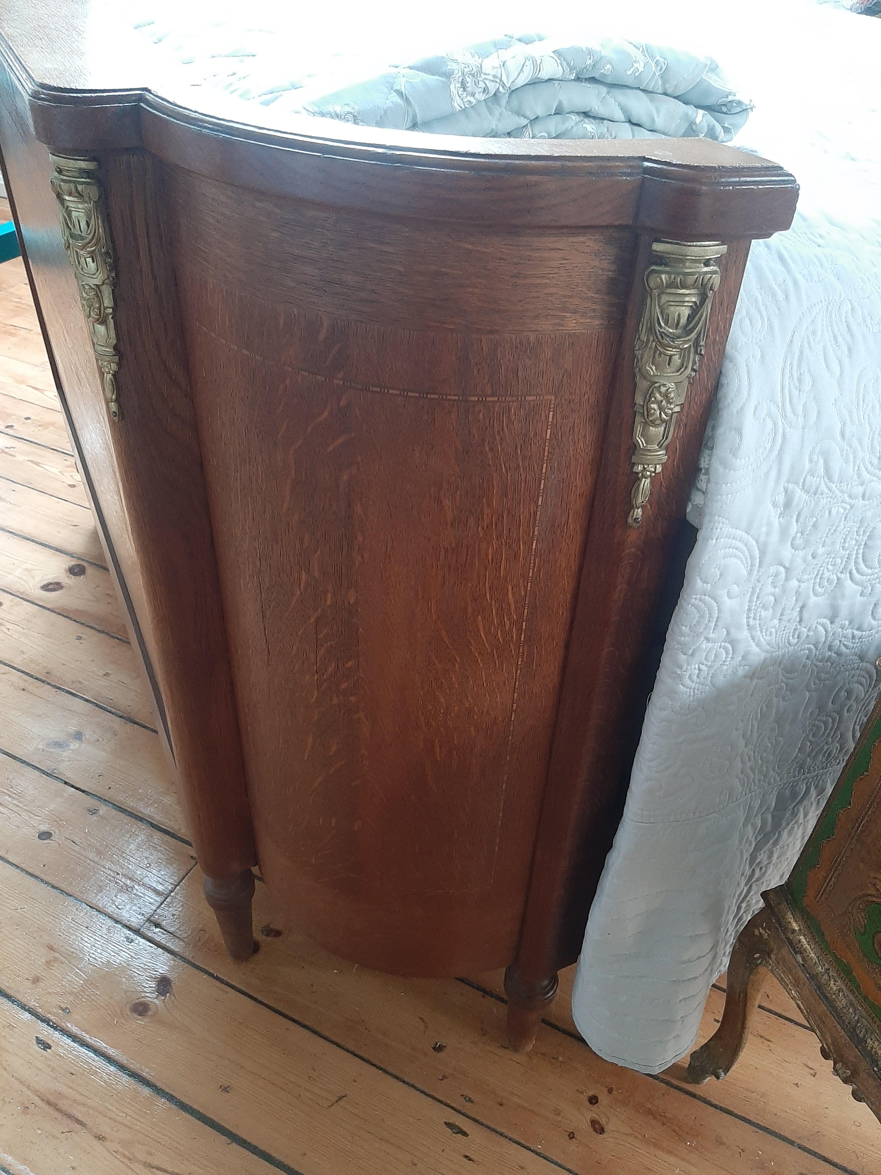 Marquetry Double (4'6) Antique French Oak Bedstead with Very Tall Headboard & Curved Foot