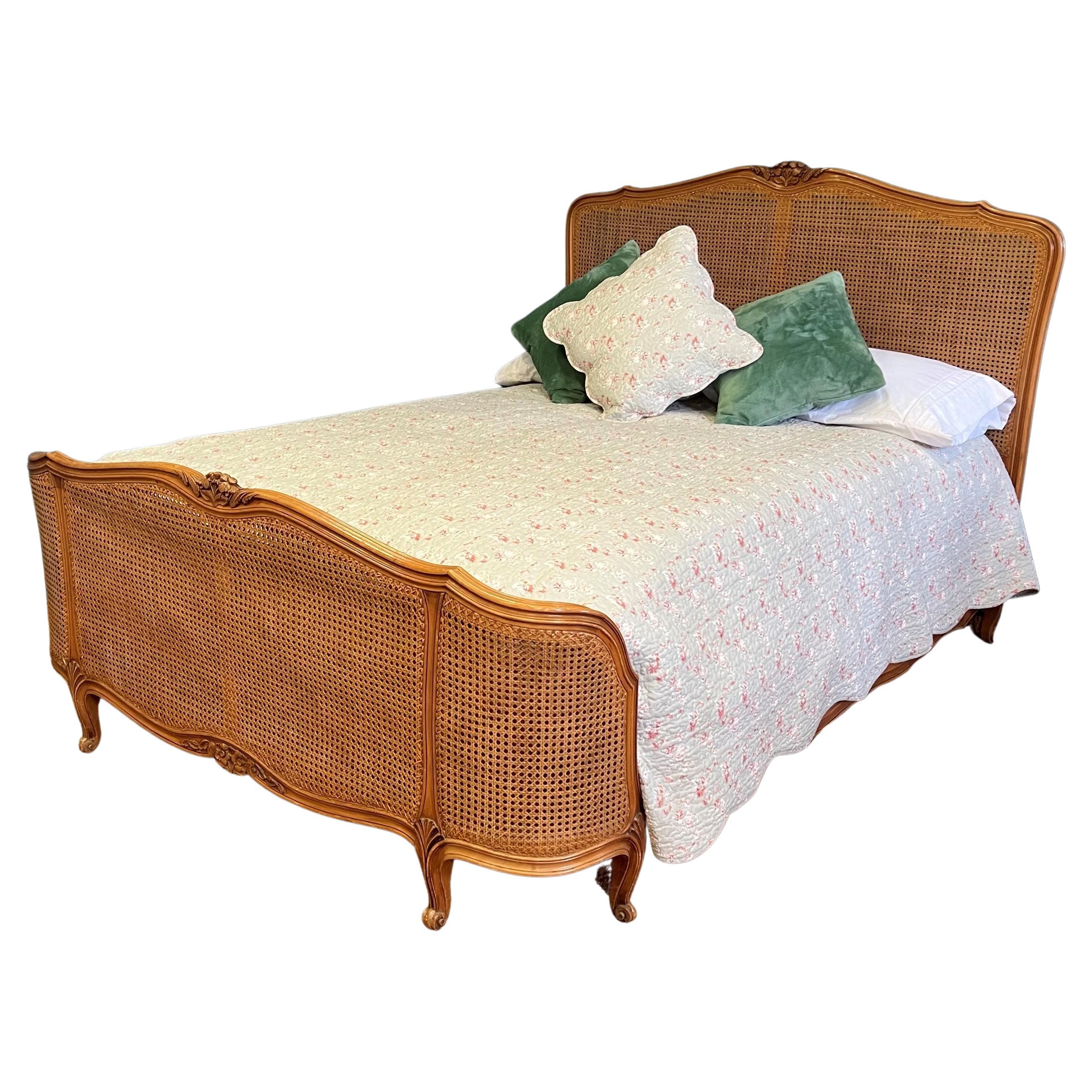 Double, Vintage French Demi Corbeille Caned Bed