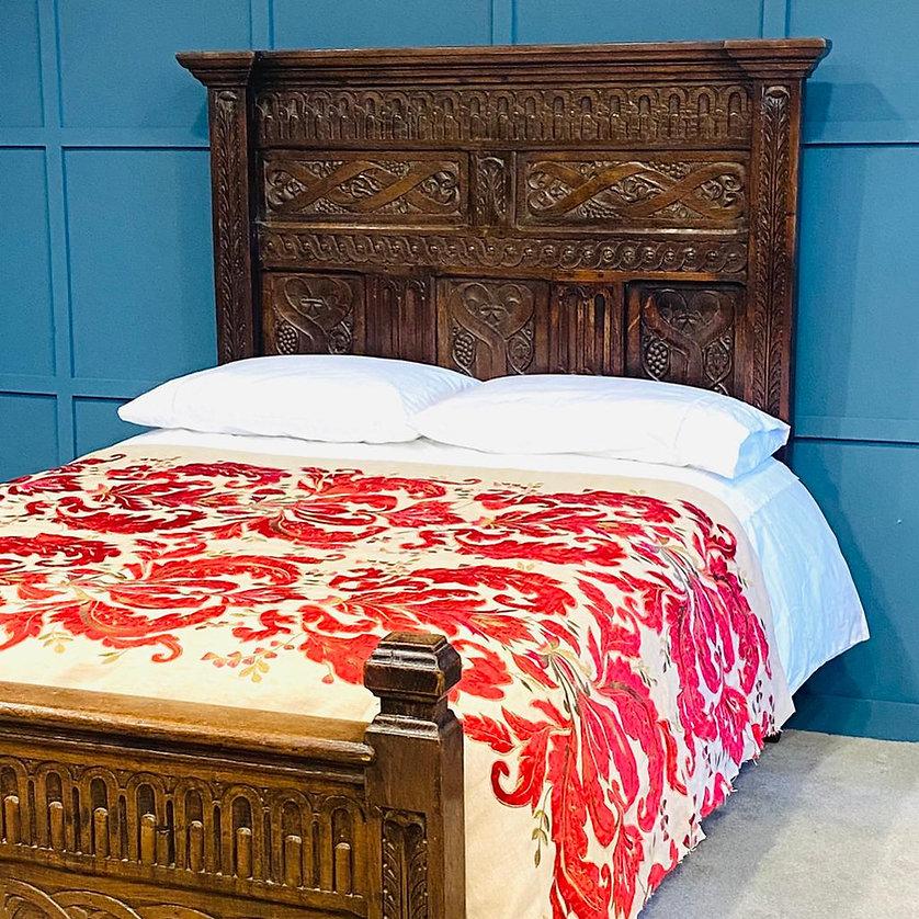 This is an incredibly rare bedframe as the bed is around 400 years old.
The Jacobean period of furniture began in 1603 in England with the reign of James 1 and ended in 1688 with the reign of James 11. Jacobean furniture was mainly made from oak