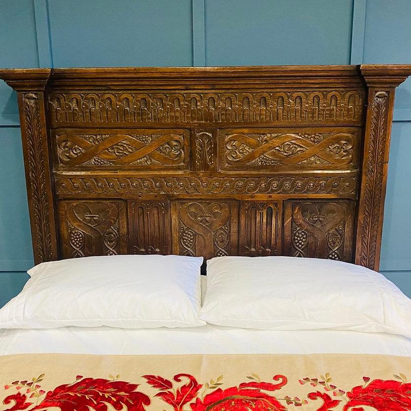 Hand-Carved Double, Jacobean Oak Wooden Bed