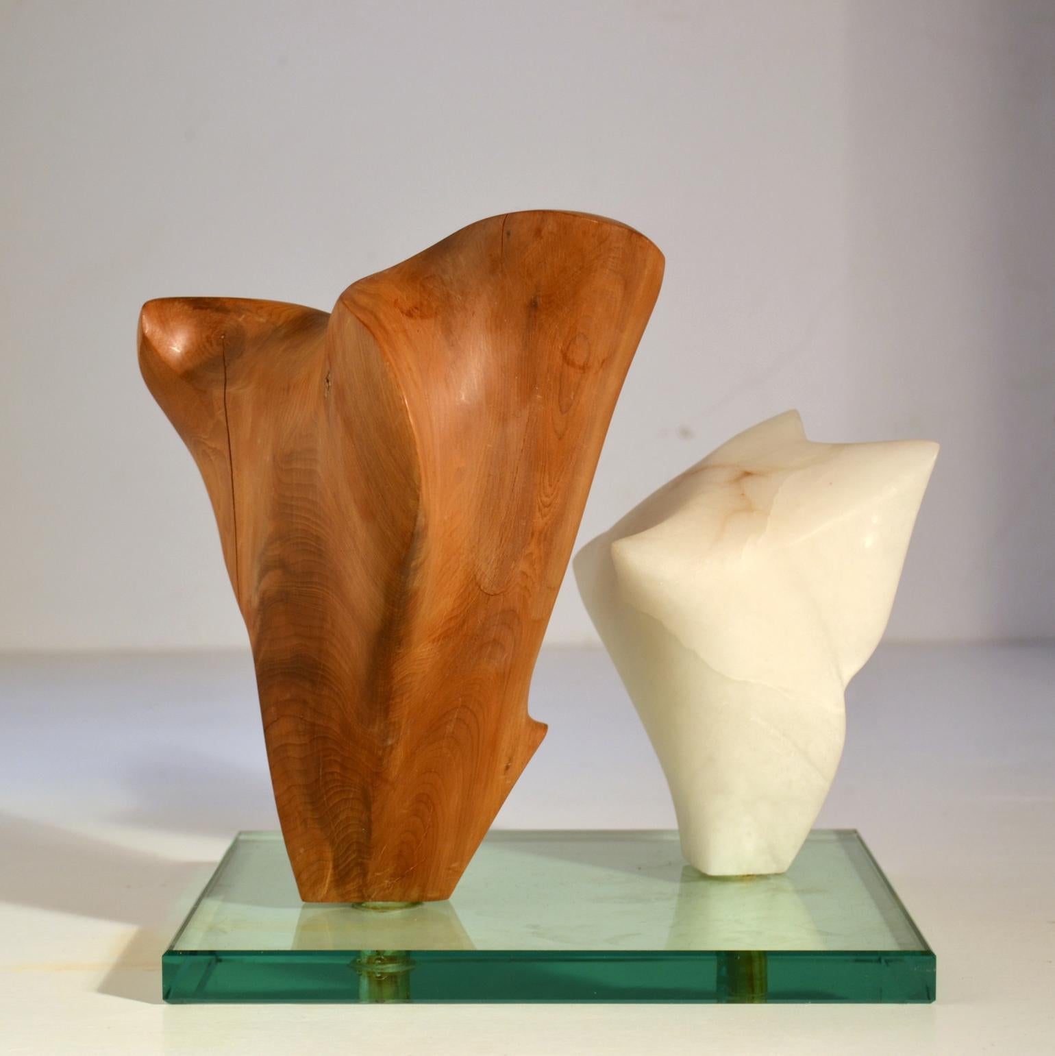 Mid-Century Modern Double Abstract Sculpture in Carved Wood and Alabaster