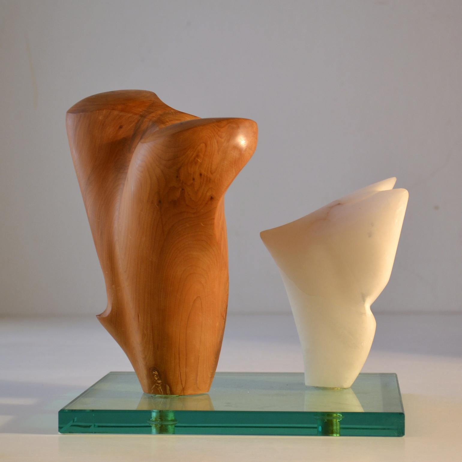 European Double Abstract Sculpture in Carved Wood and Alabaster