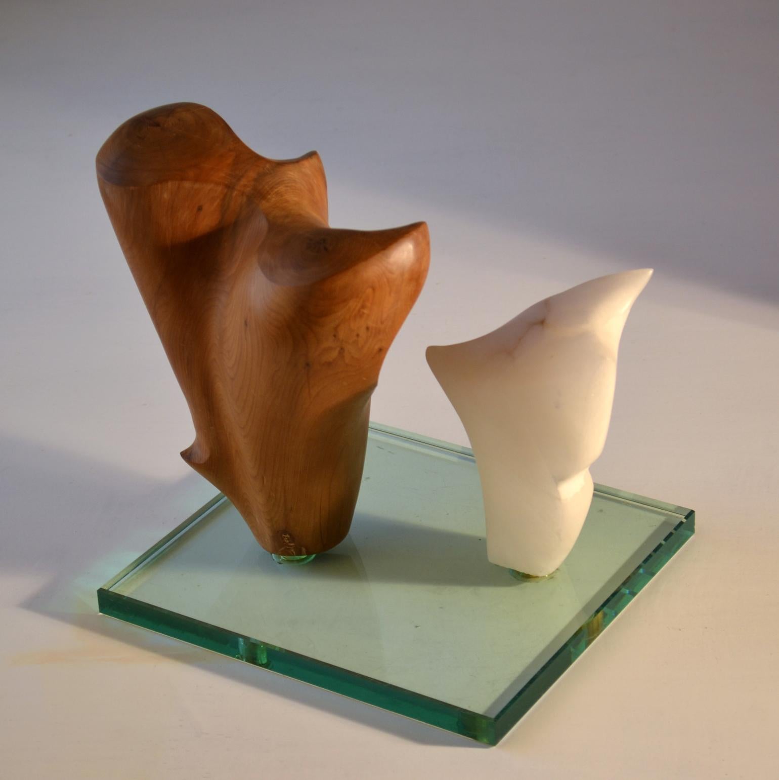 Late 20th Century Double Abstract Sculpture in Carved Wood and Alabaster