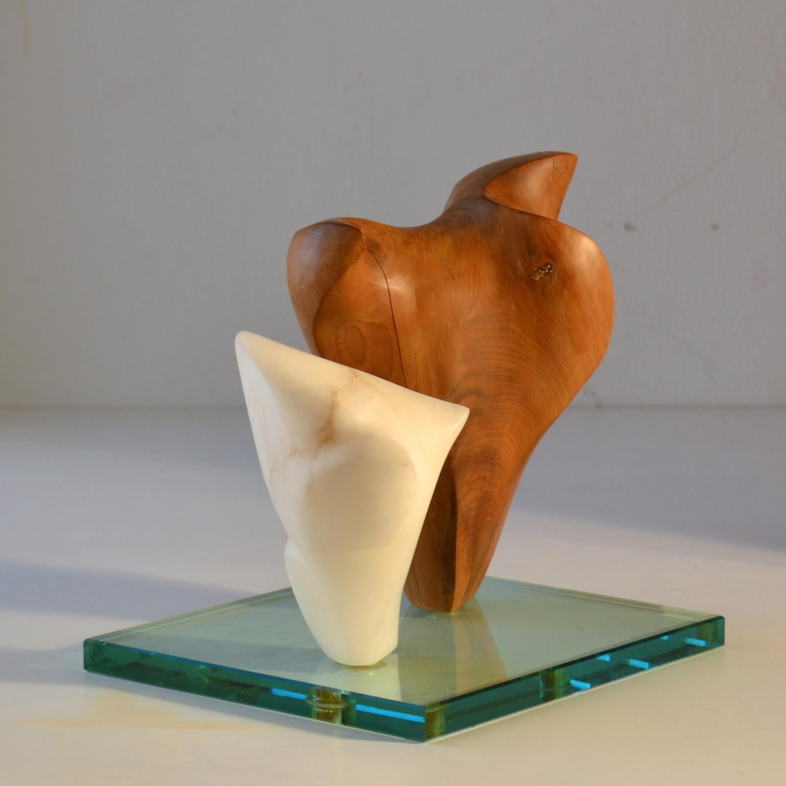 Double Abstract Sculpture in Carved Wood and Alabaster 1