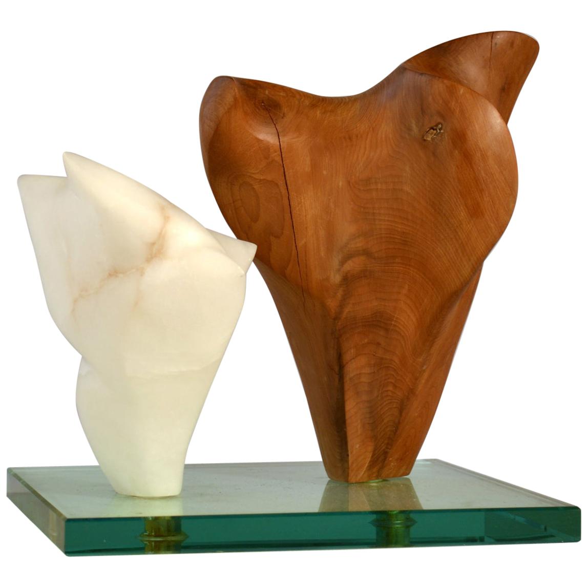 Double Abstract Sculpture in Carved Wood and Alabaster