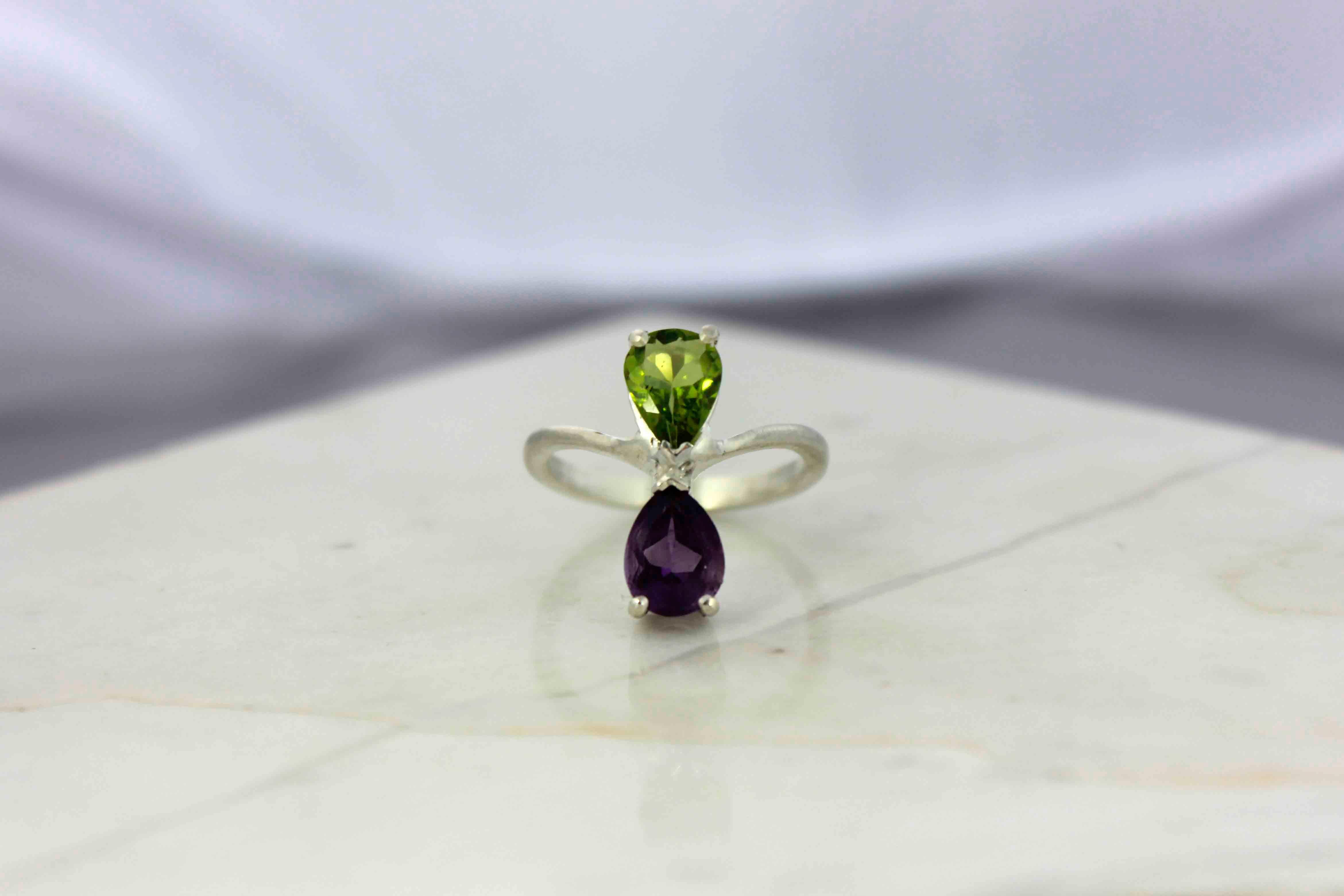 Pear Cut Double Amethyst And Peridot Ring For Sale