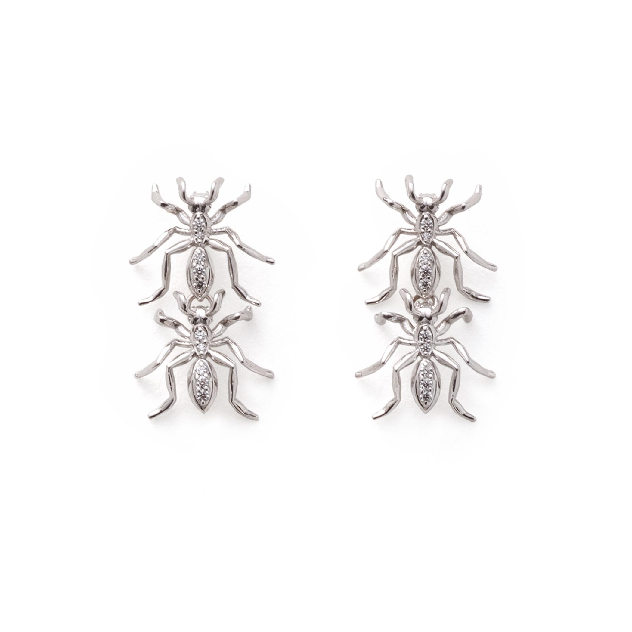 Artist Double Ant Earrings White Gold Diamonds For Sale