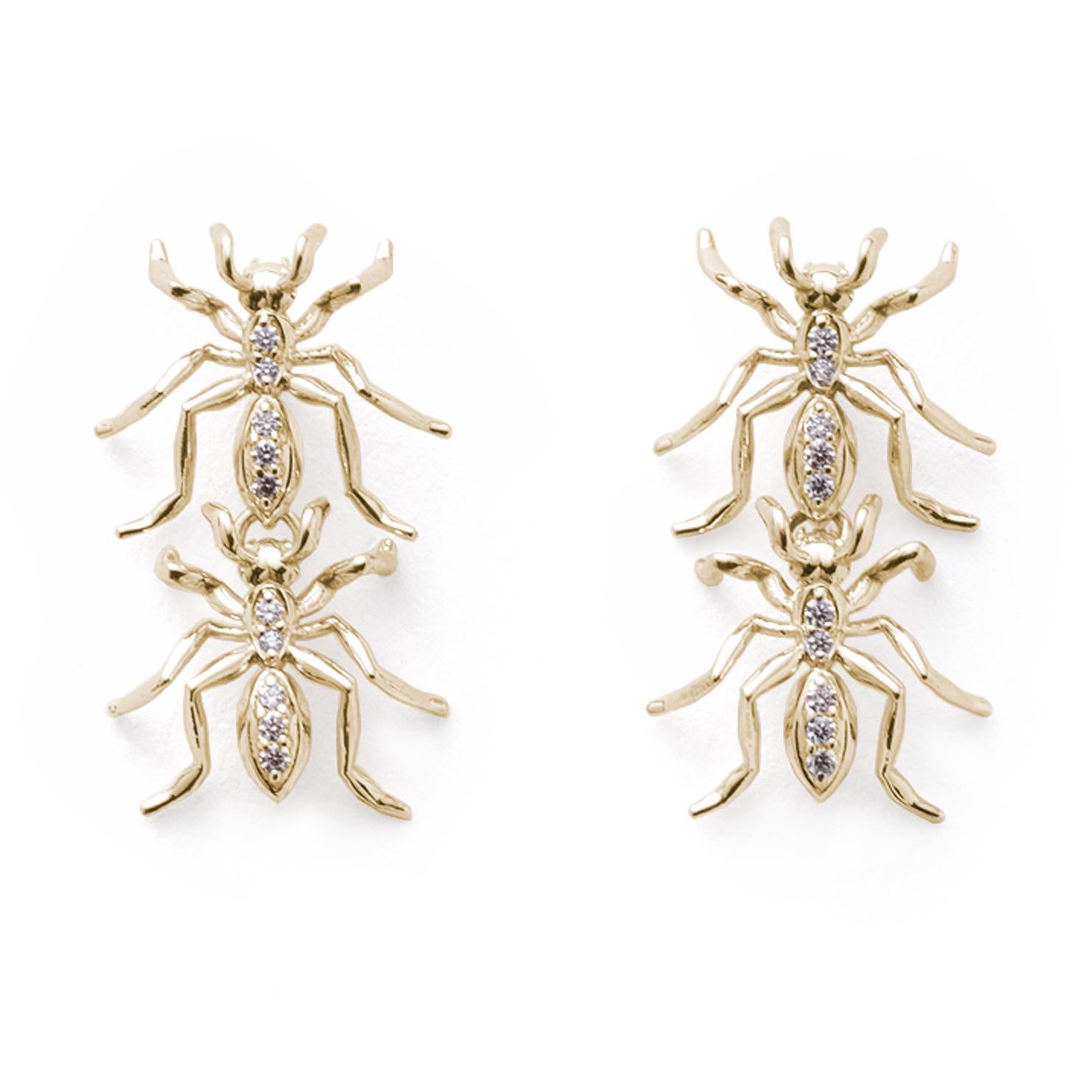 Brilliant Cut Double Ant Earrings Yellow Gold Diamonds For Sale