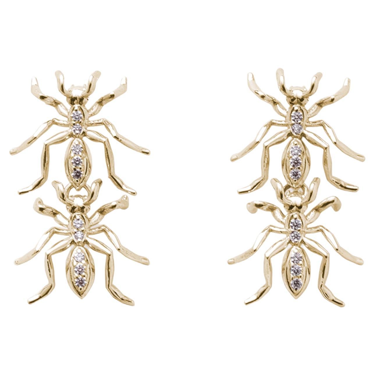 Double Ant Earrings Yellow Gold Diamonds For Sale