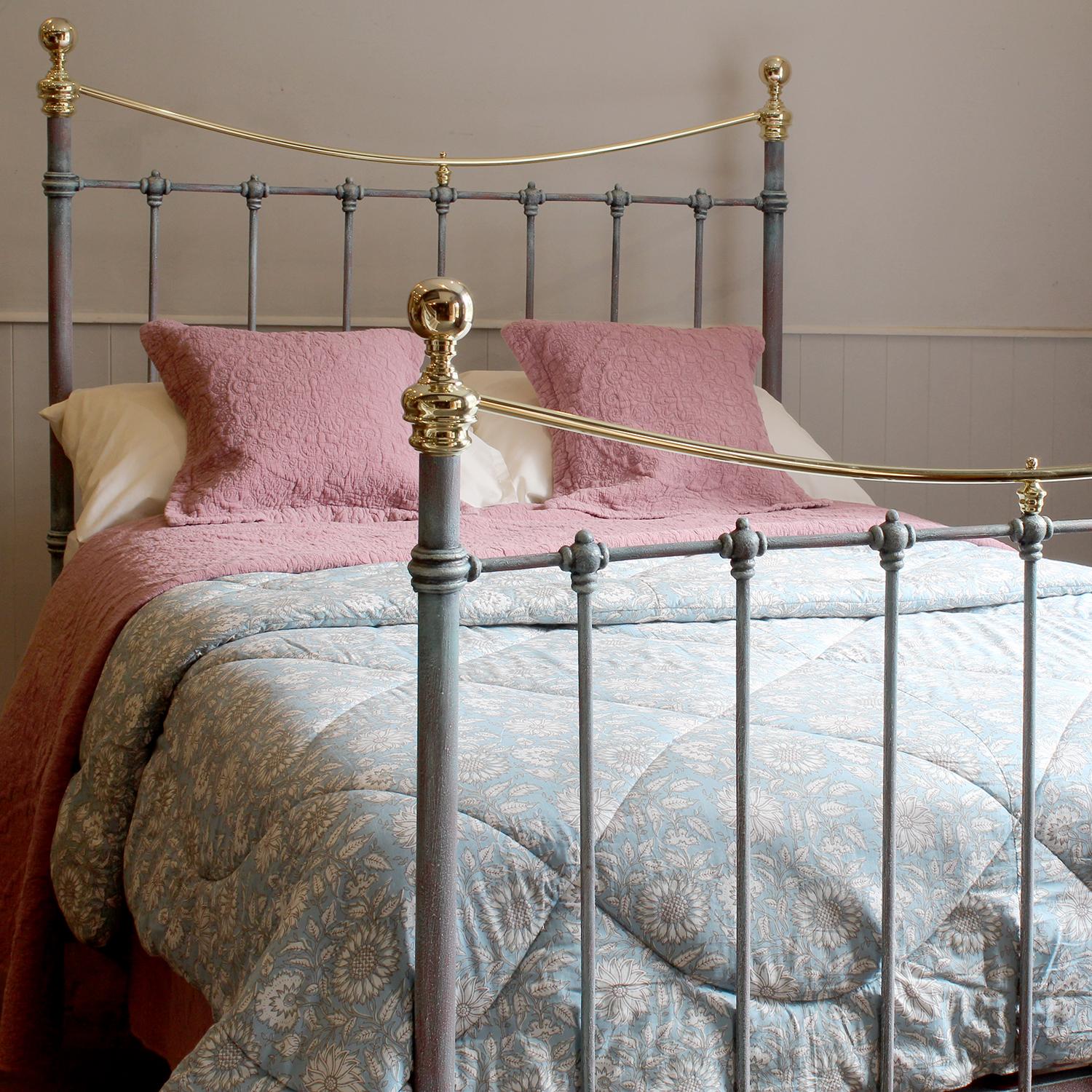 Victorian Double Antique Cast Iron and Brass Bed in Blue Verdigris, MD154