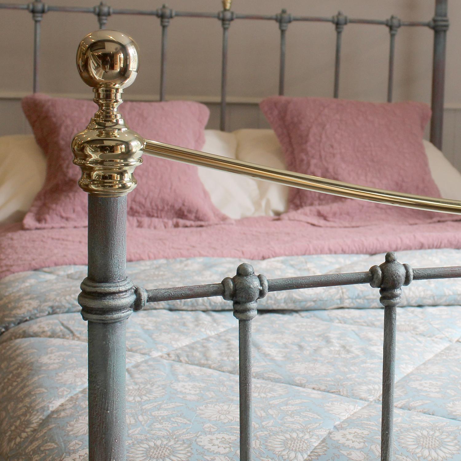 European Double Antique Cast Iron and Brass Bed in Blue Verdigris, MD154