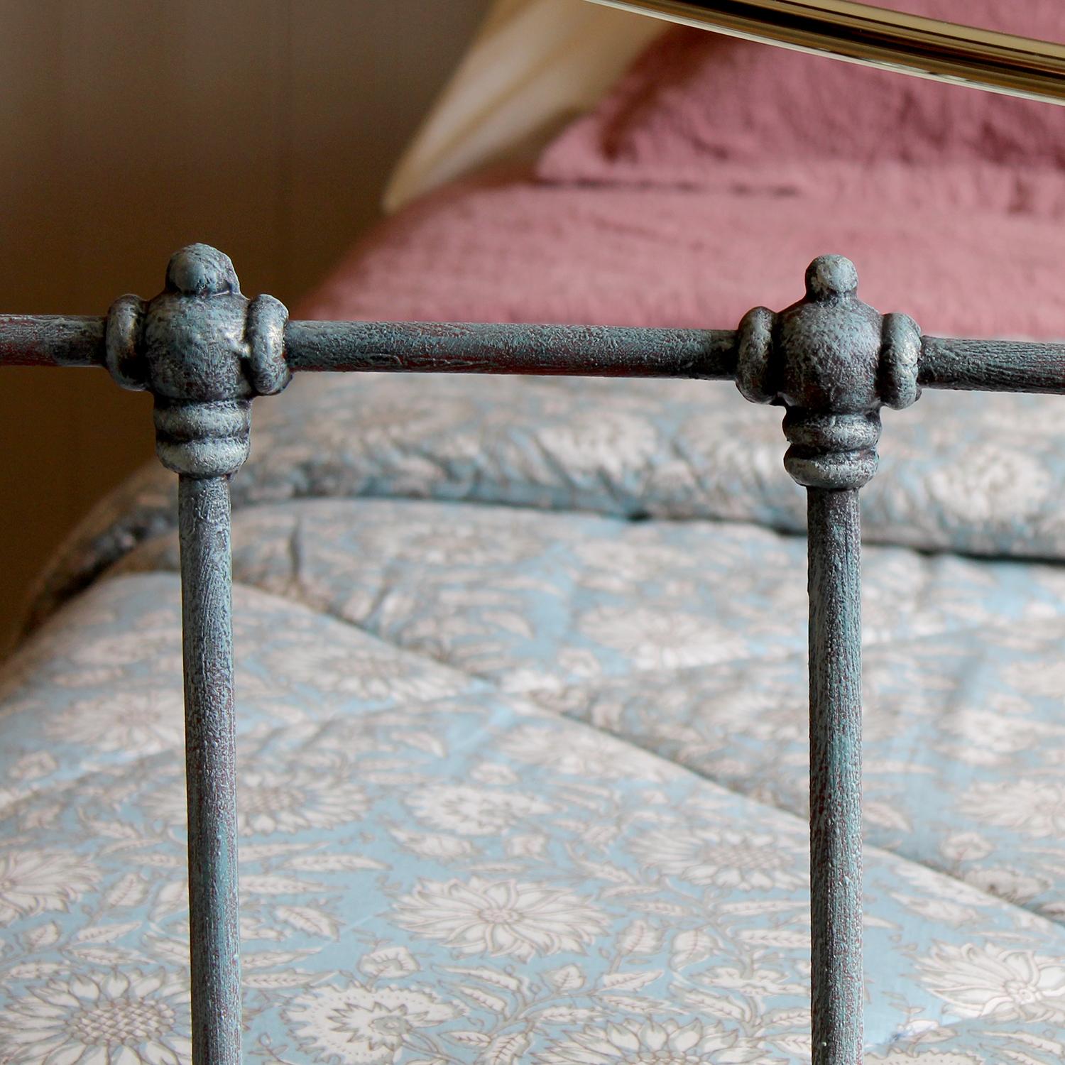 19th Century Double Antique Cast Iron and Brass Bed in Blue Verdigris, MD154