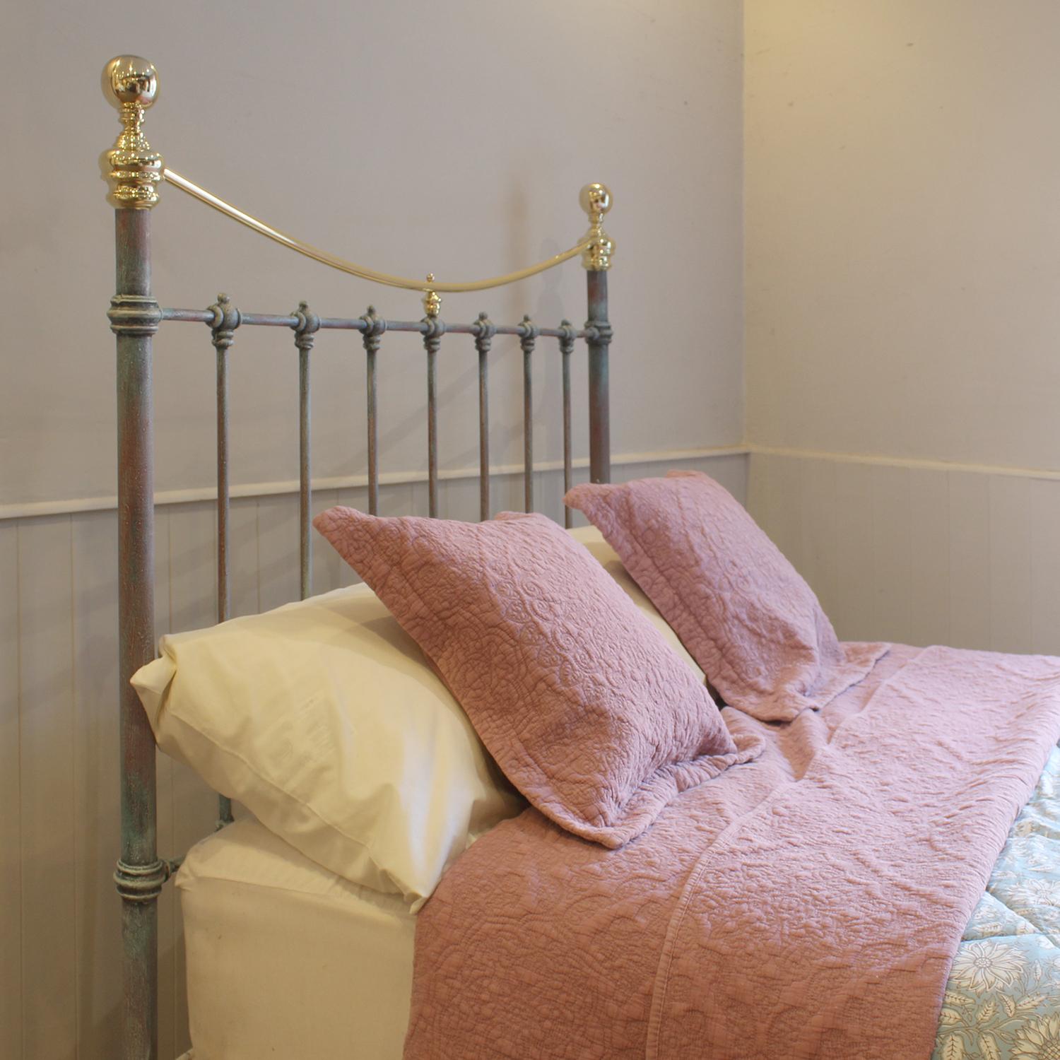 Double Antique Cast Iron and Brass Bed in Blue Verdigris, MD154 1