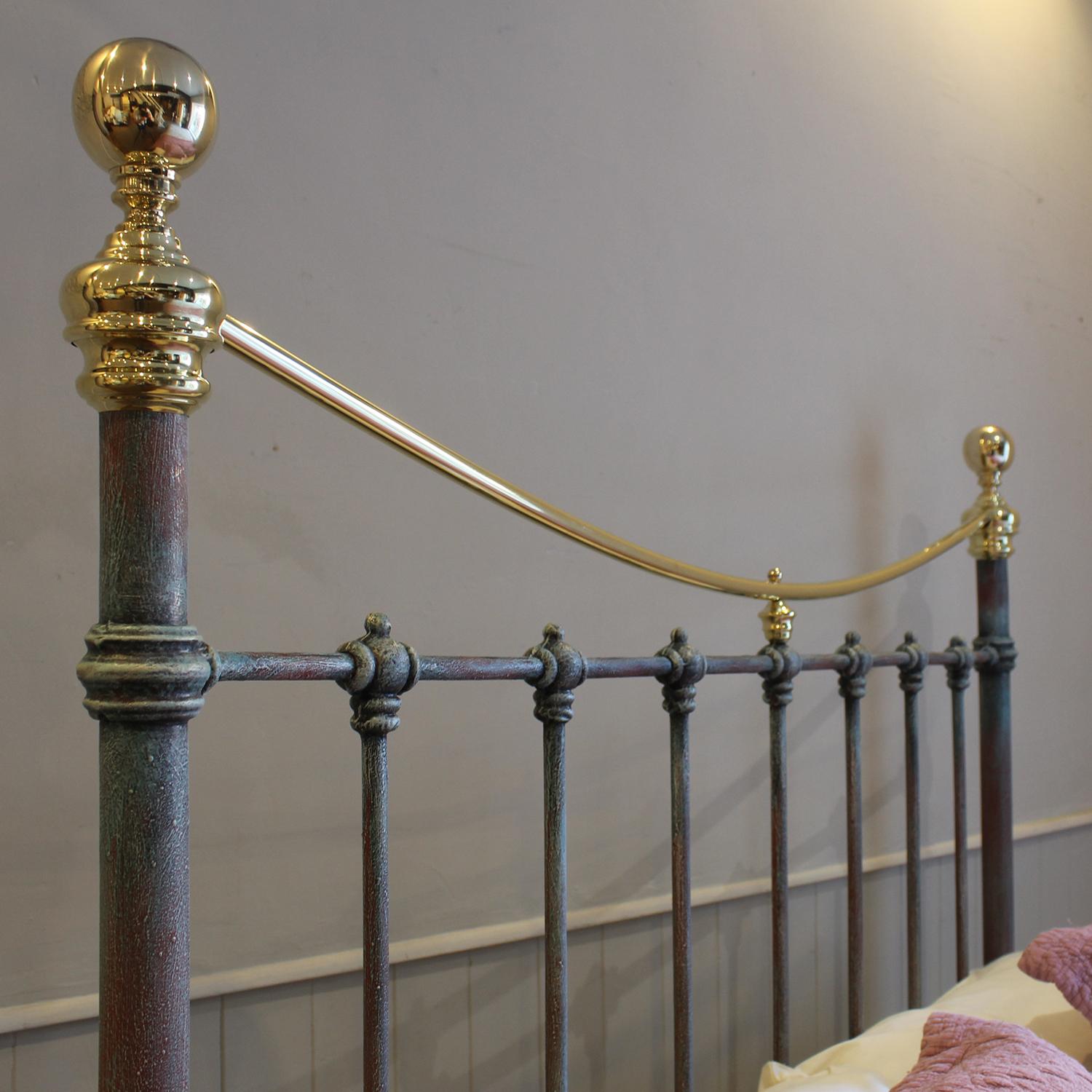 Double Antique Cast Iron and Brass Bed in Blue Verdigris, MD154 2