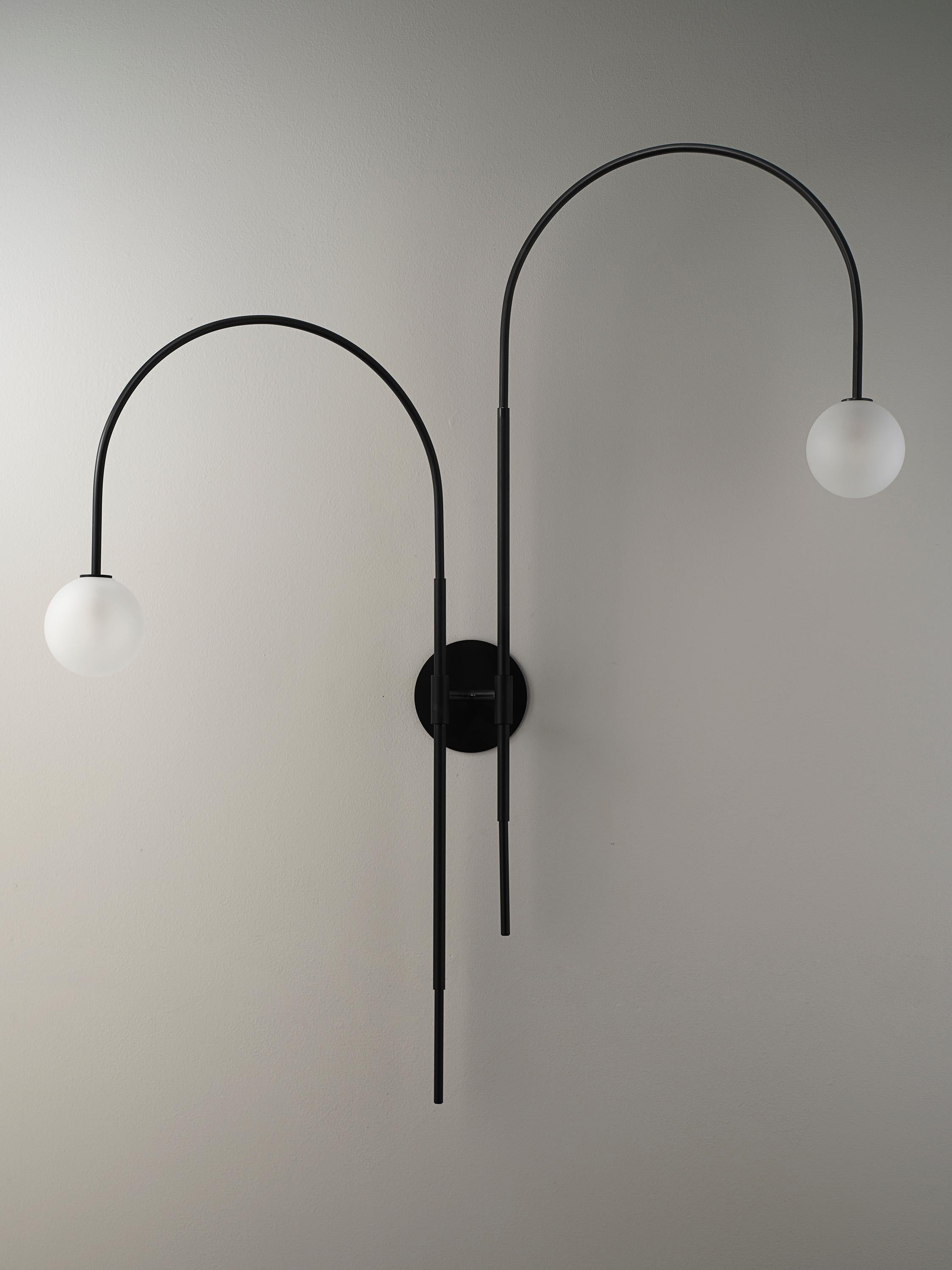 Modern Double Arc Wall Lamp or Sconce in Black Enamel & Blown Glass, Blueprint Lighting For Sale