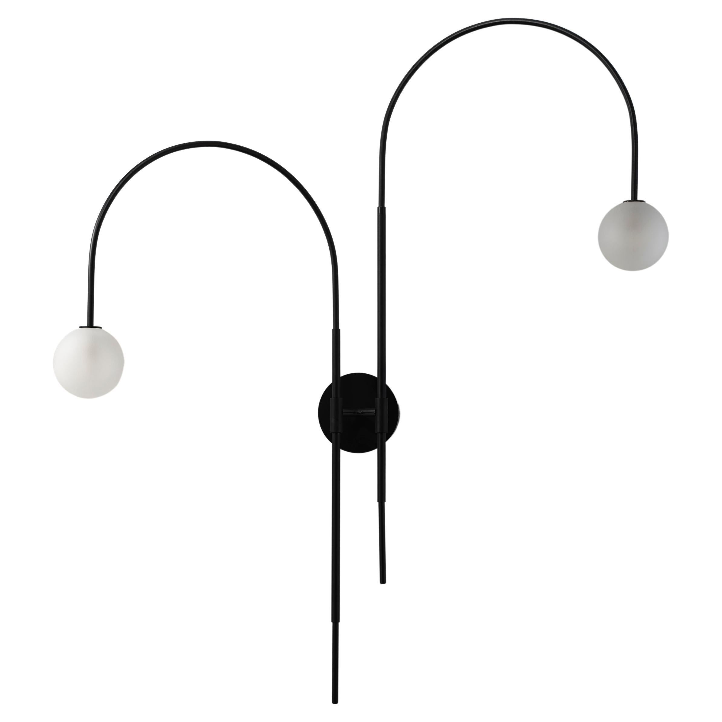 Double Arc Wall Lamp or Sconce in Black Enamel & Blown Glass, Blueprint Lighting