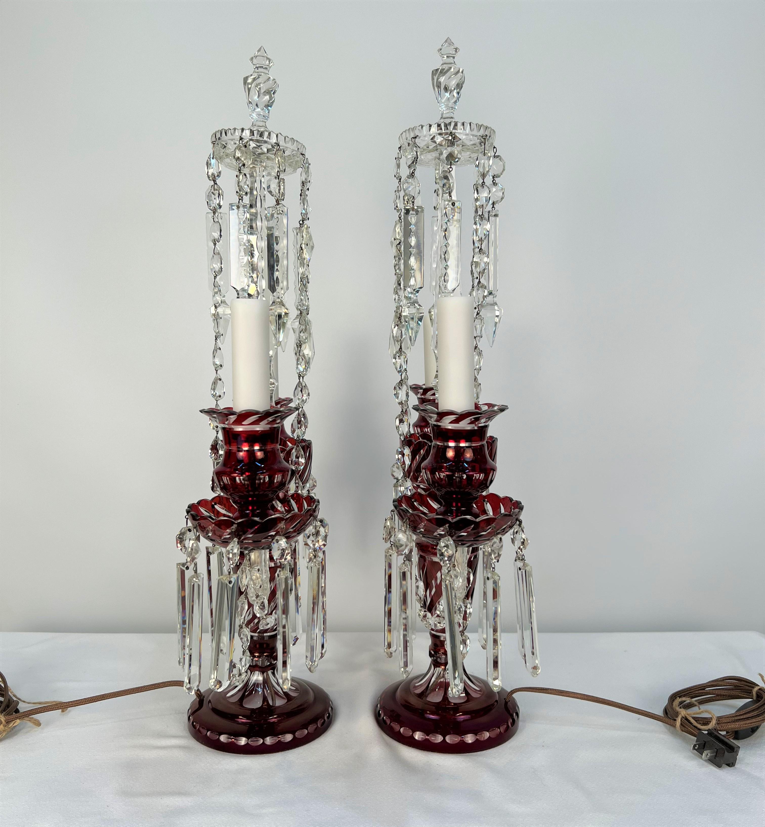 Double Arm Bohemian Girandoles 'Candelabrums' Cranberry & Clear Crystal For Sale 6