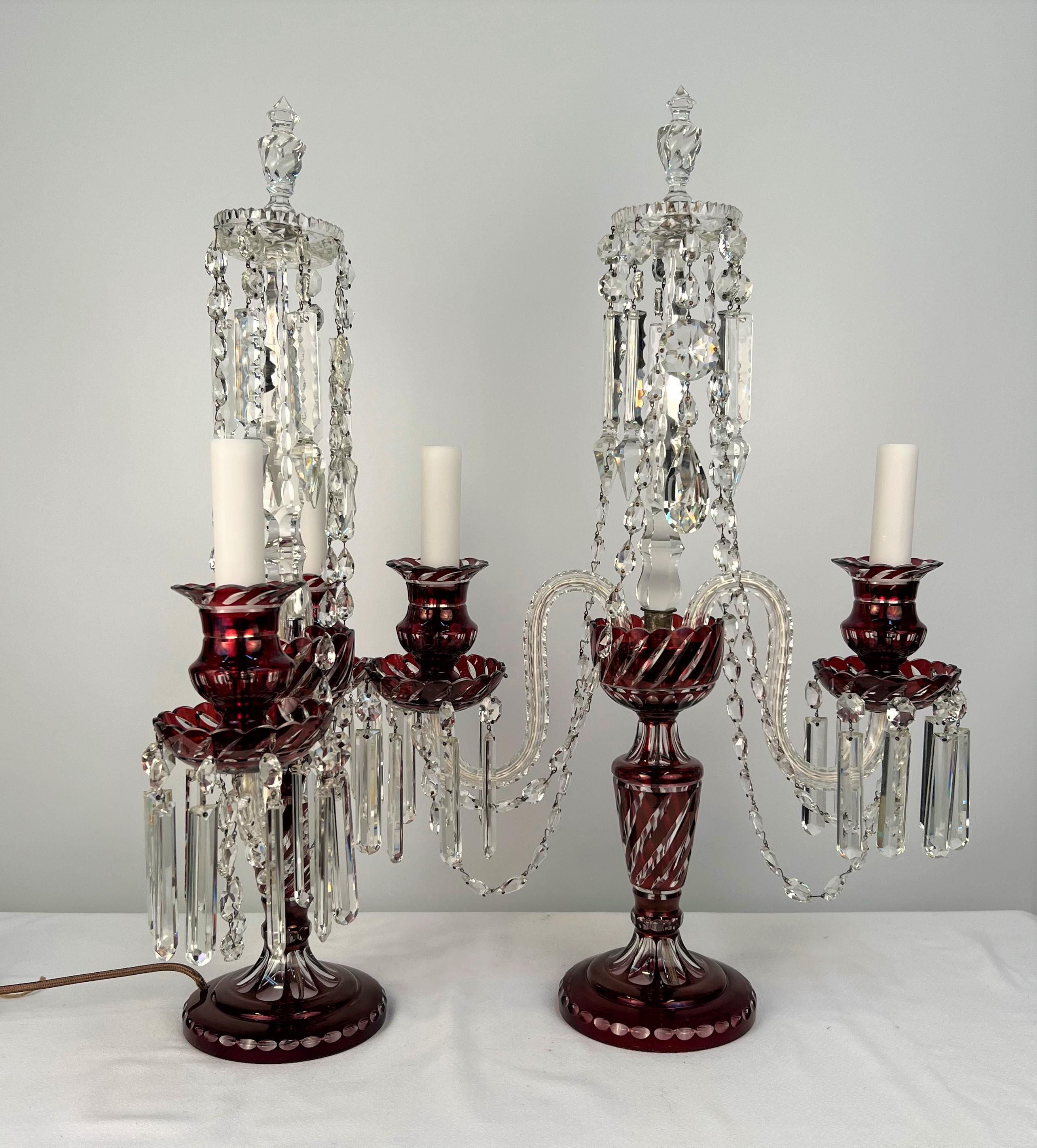 Double Arm Bohemian Girandoles 'Candelabrums' Cranberry & Clear Crystal For Sale 7