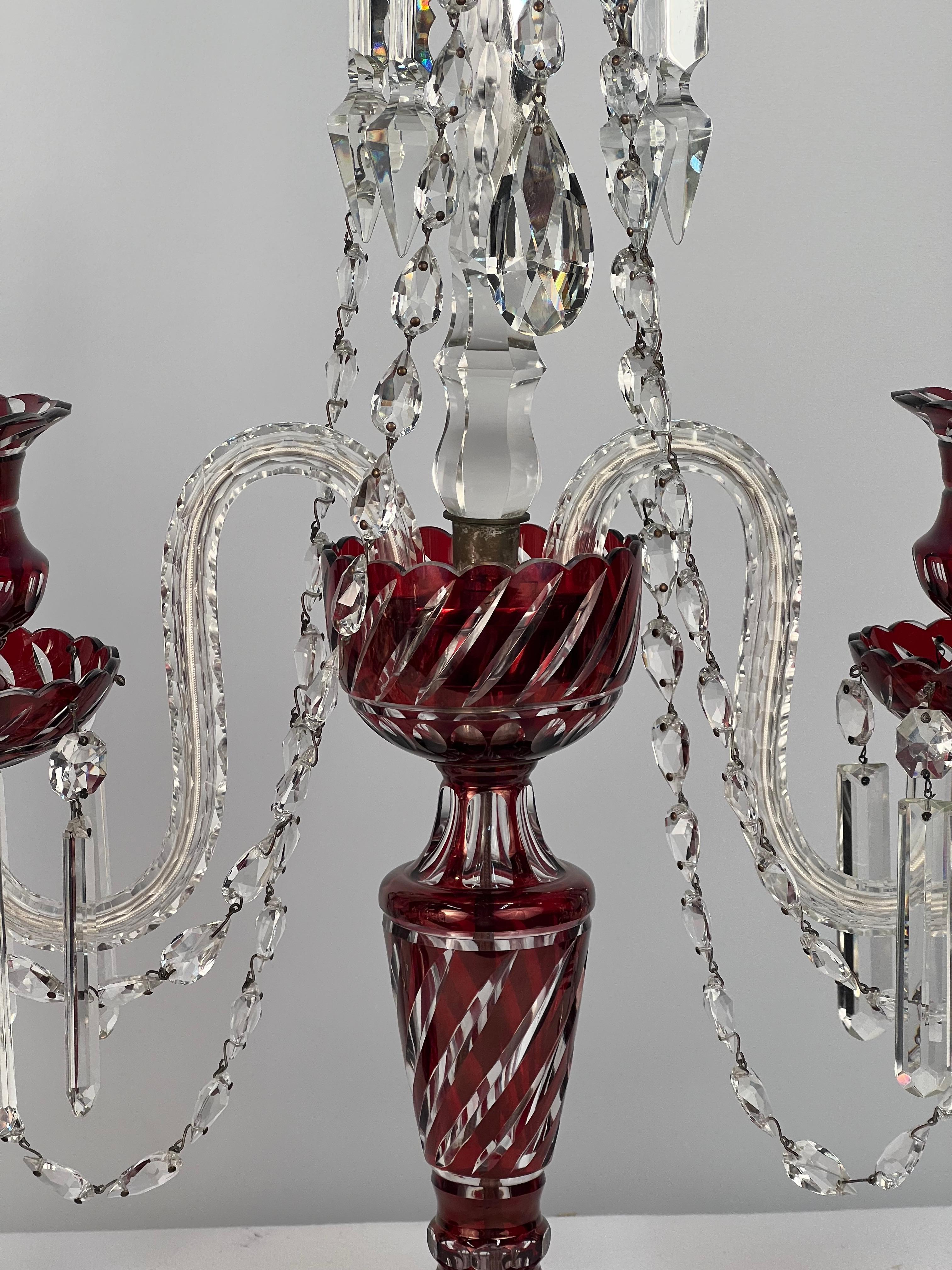 Double Arm Bohemian Girandoles 'Candelabrums' Cranberry & Clear Crystal For Sale 8