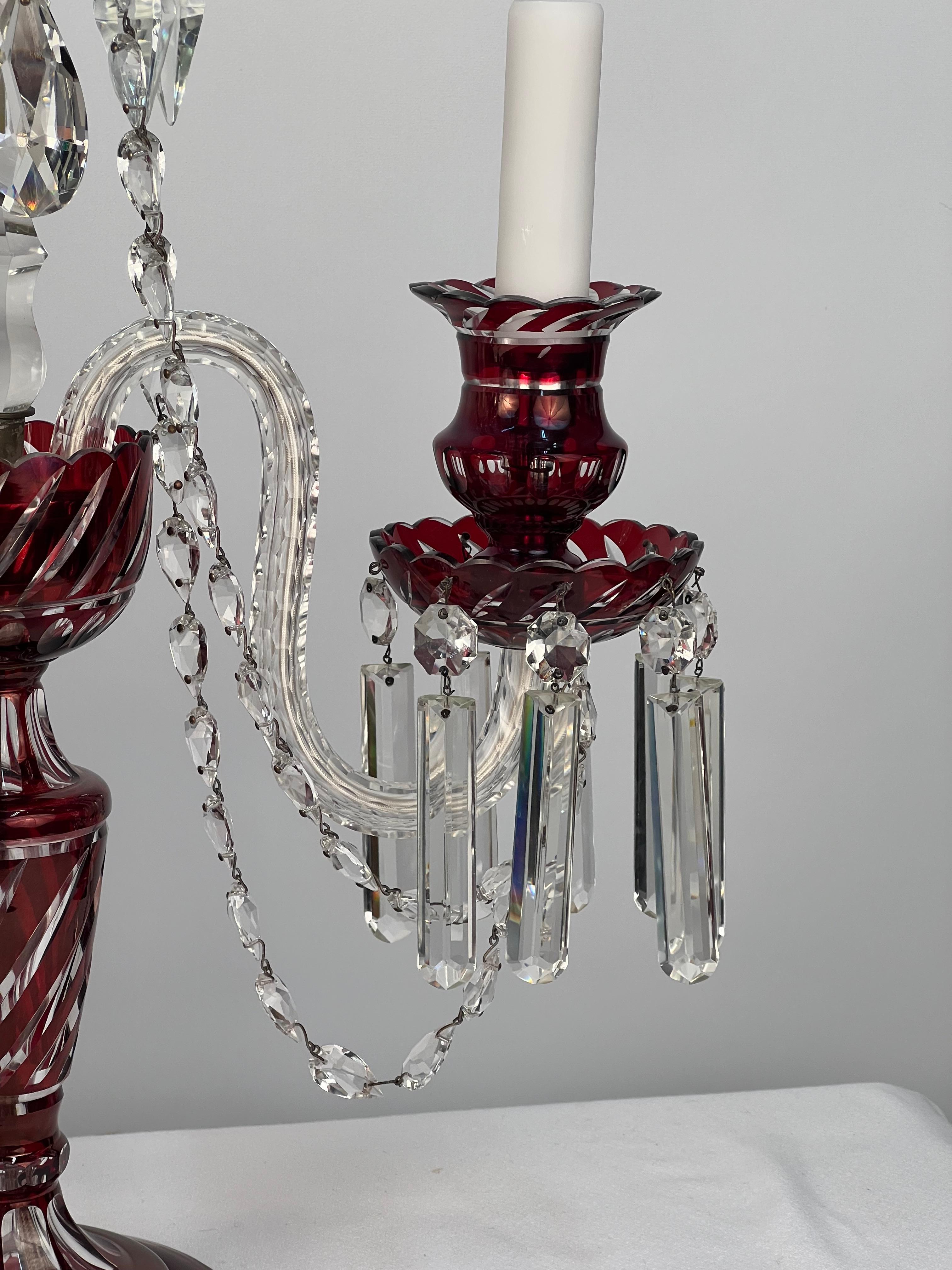 Double Arm Bohemian Girandoles 'Candelabrums' Cranberry & Clear Crystal For Sale 9