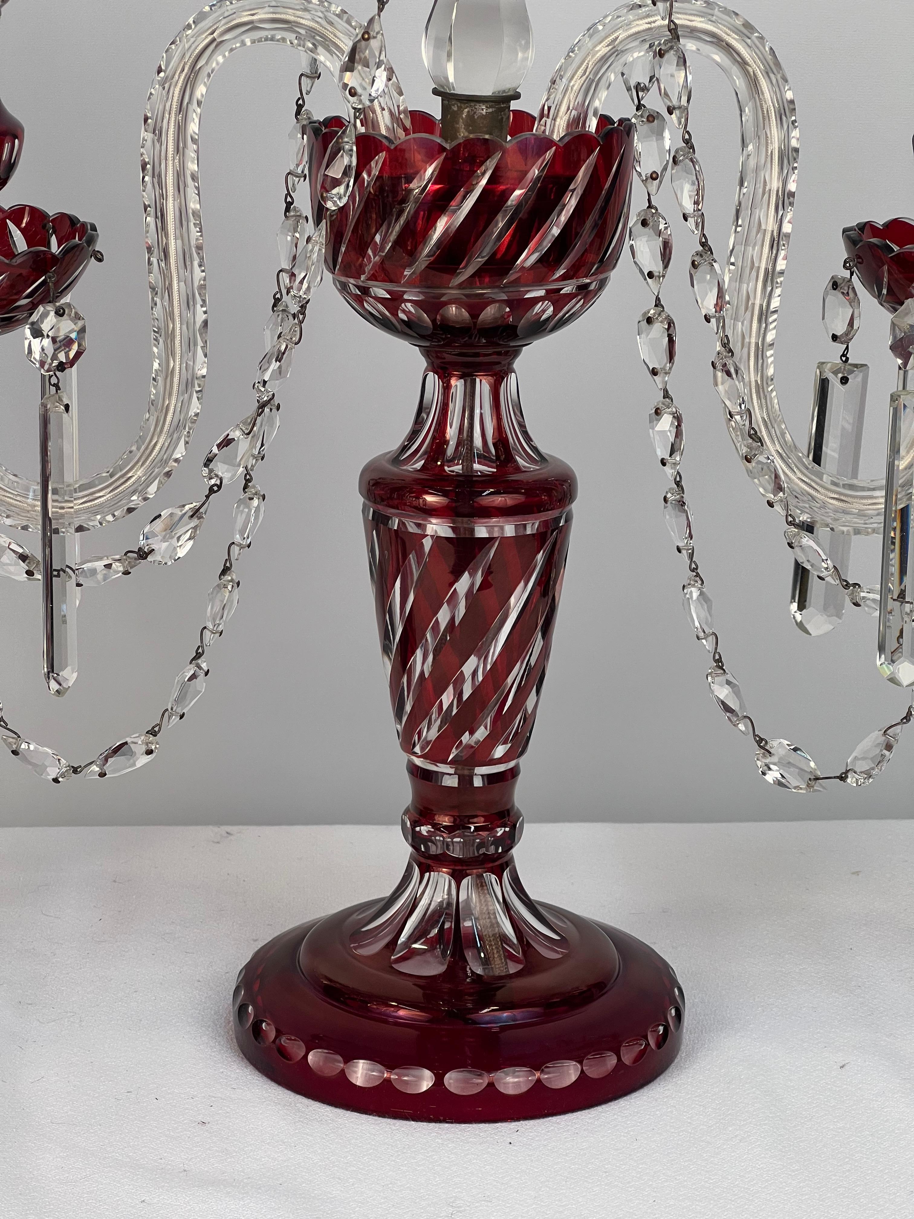 Double Arm Bohemian Girandoles 'Candelabrums' Cranberry & Clear Crystal For Sale 10