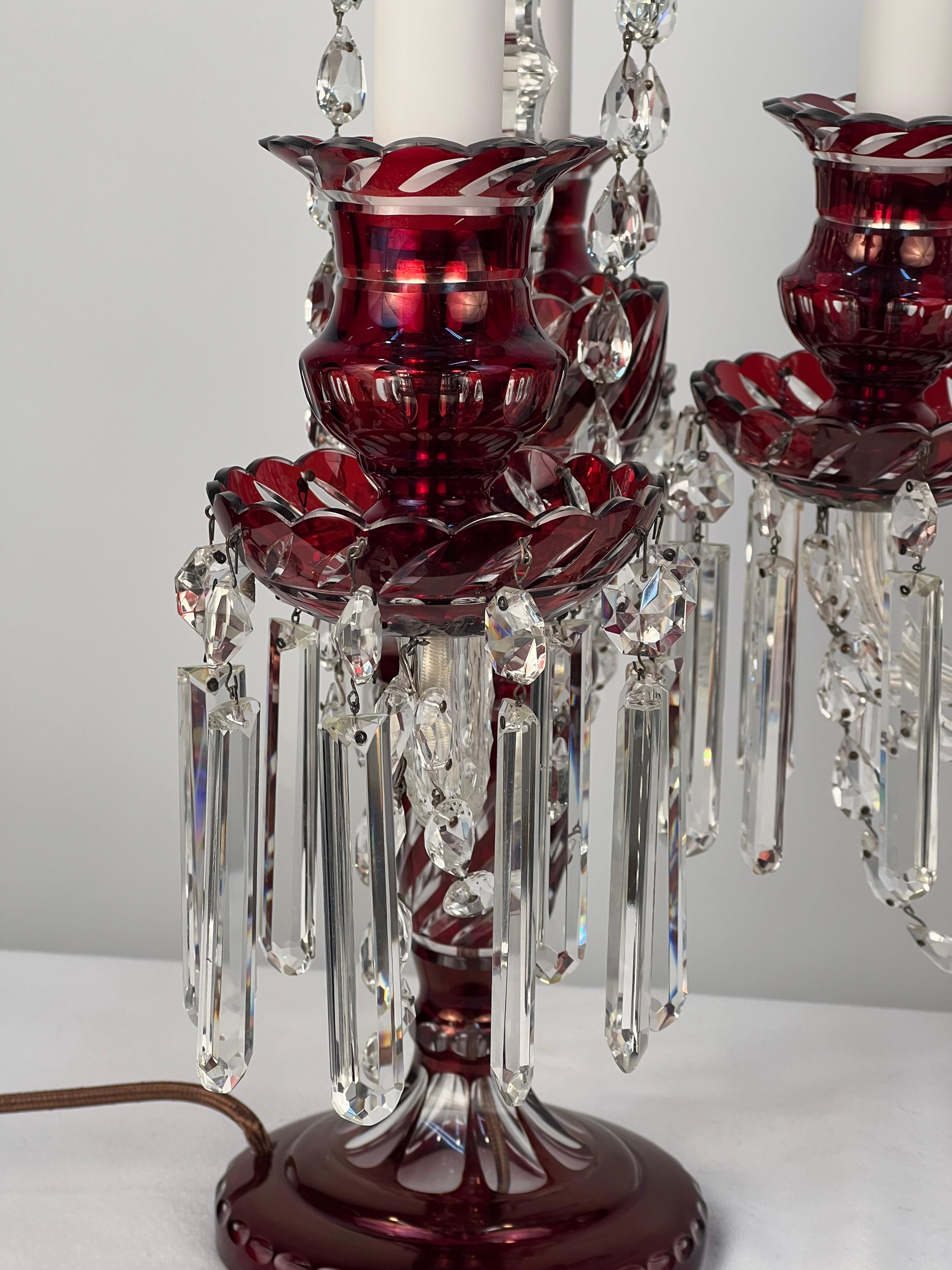 Double Arm Bohemian Girandoles 'Candelabrums' Cranberry & Clear Crystal For Sale 11
