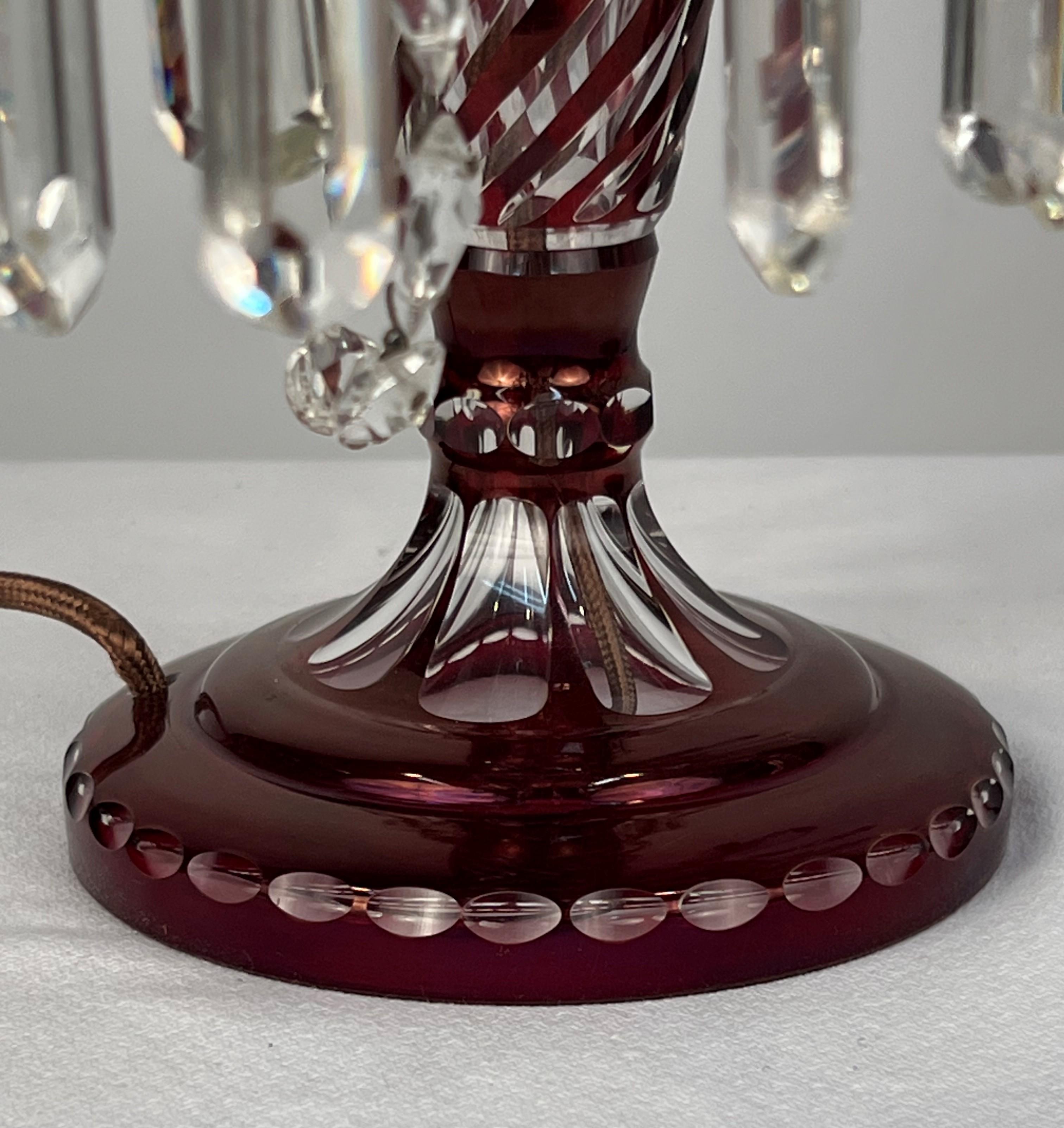 Double Arm Bohemian Girandoles 'Candelabrums' Cranberry & Clear Crystal For Sale 13