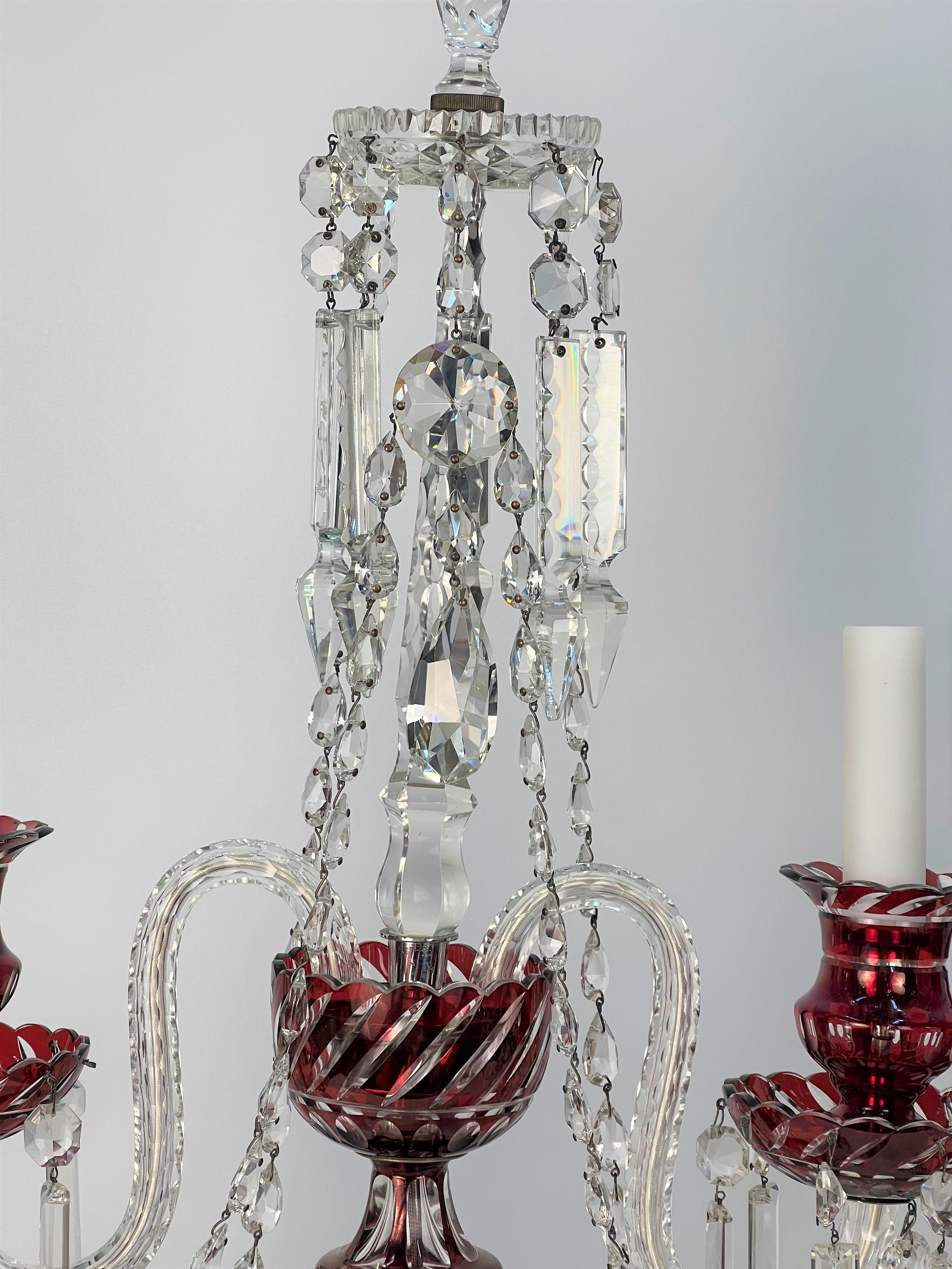 Double Arm Bohemian Girandoles 'Candelabrums' Cranberry & Clear Crystal In Good Condition For Sale In Denver, CO