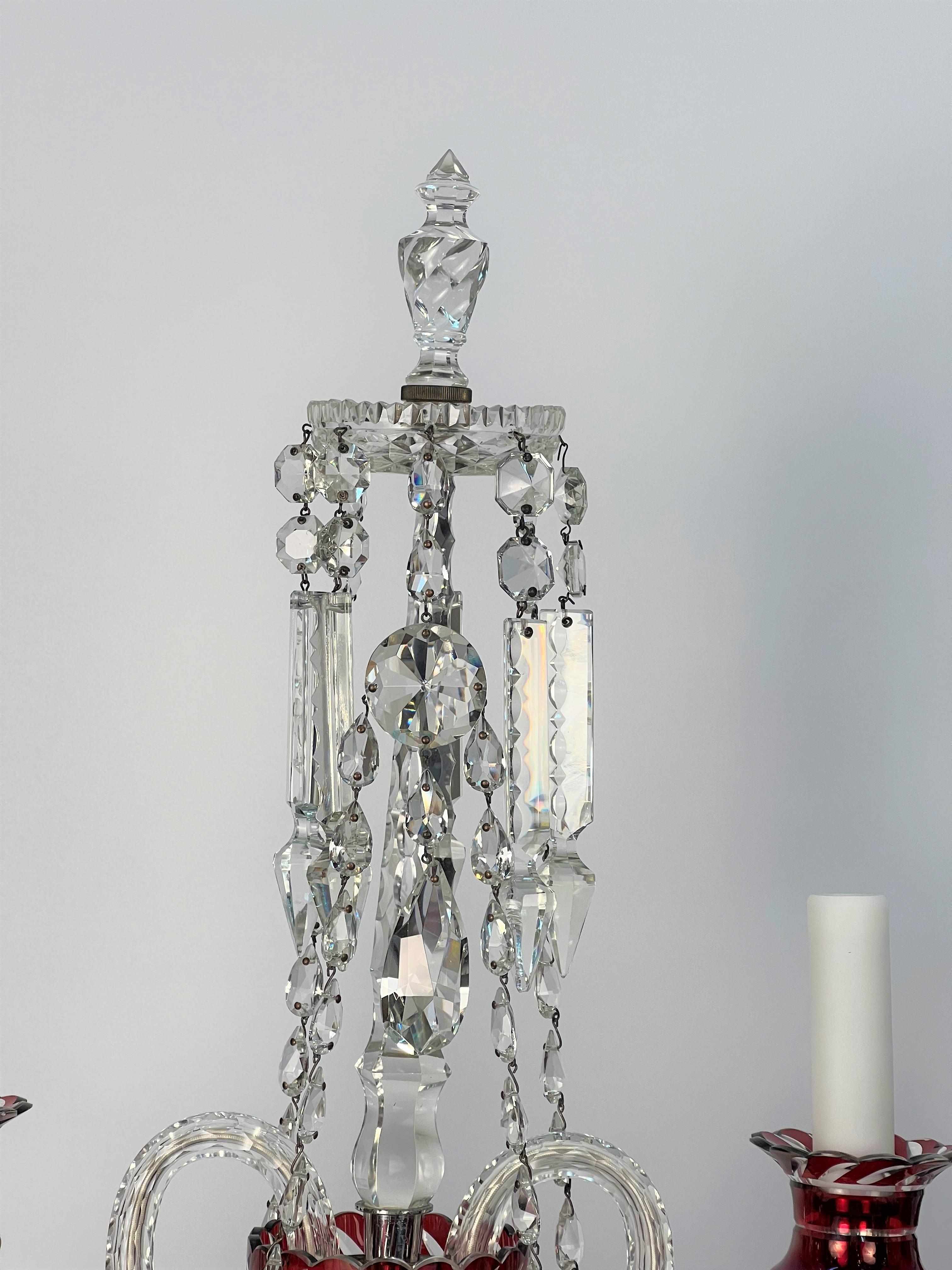 Early 20th Century Double Arm Bohemian Girandoles 'Candelabrums' Cranberry & Clear Crystal For Sale