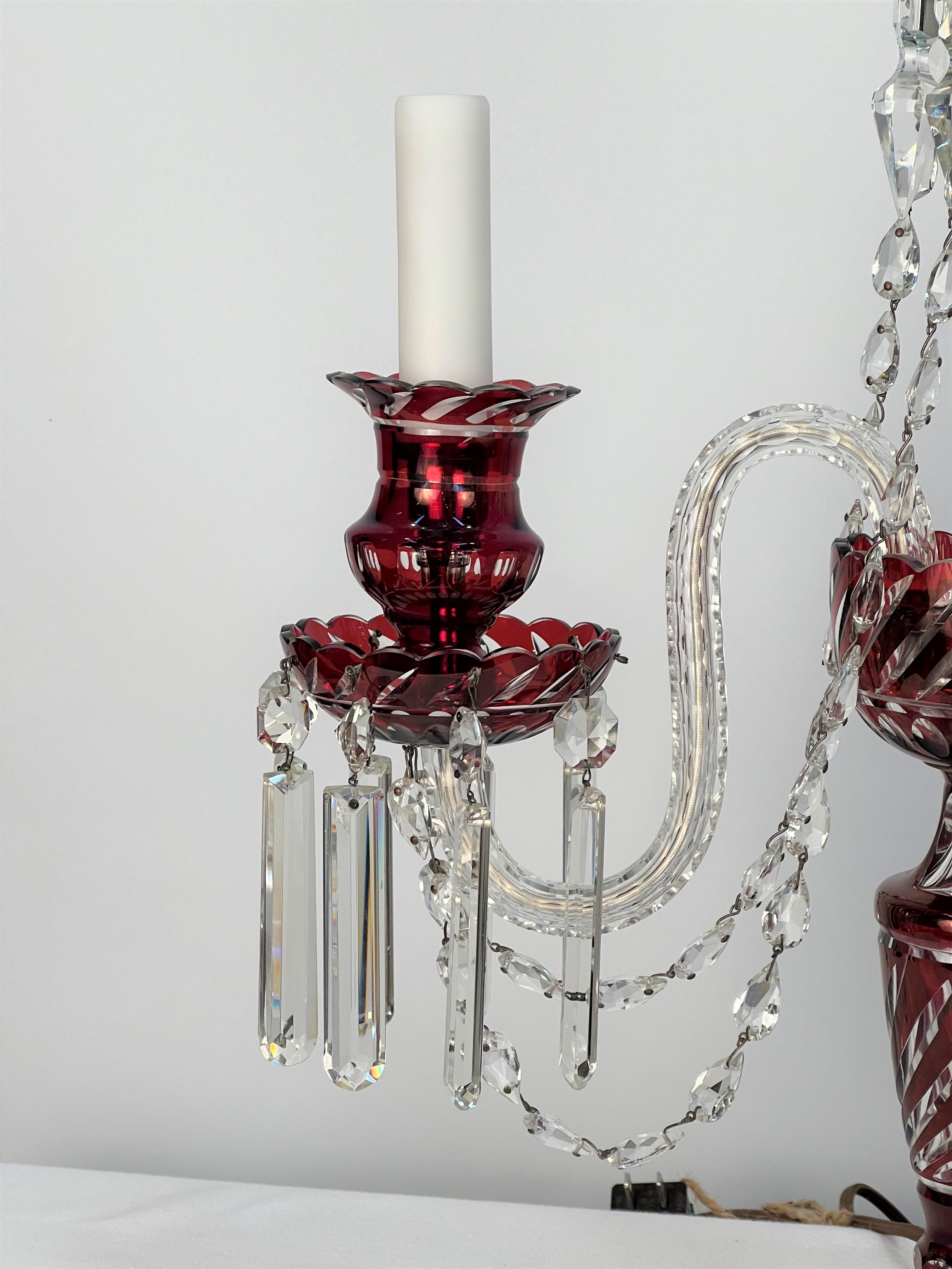 Double Arm Bohemian Girandoles 'Candelabrums' Cranberry & Clear Crystal For Sale 2