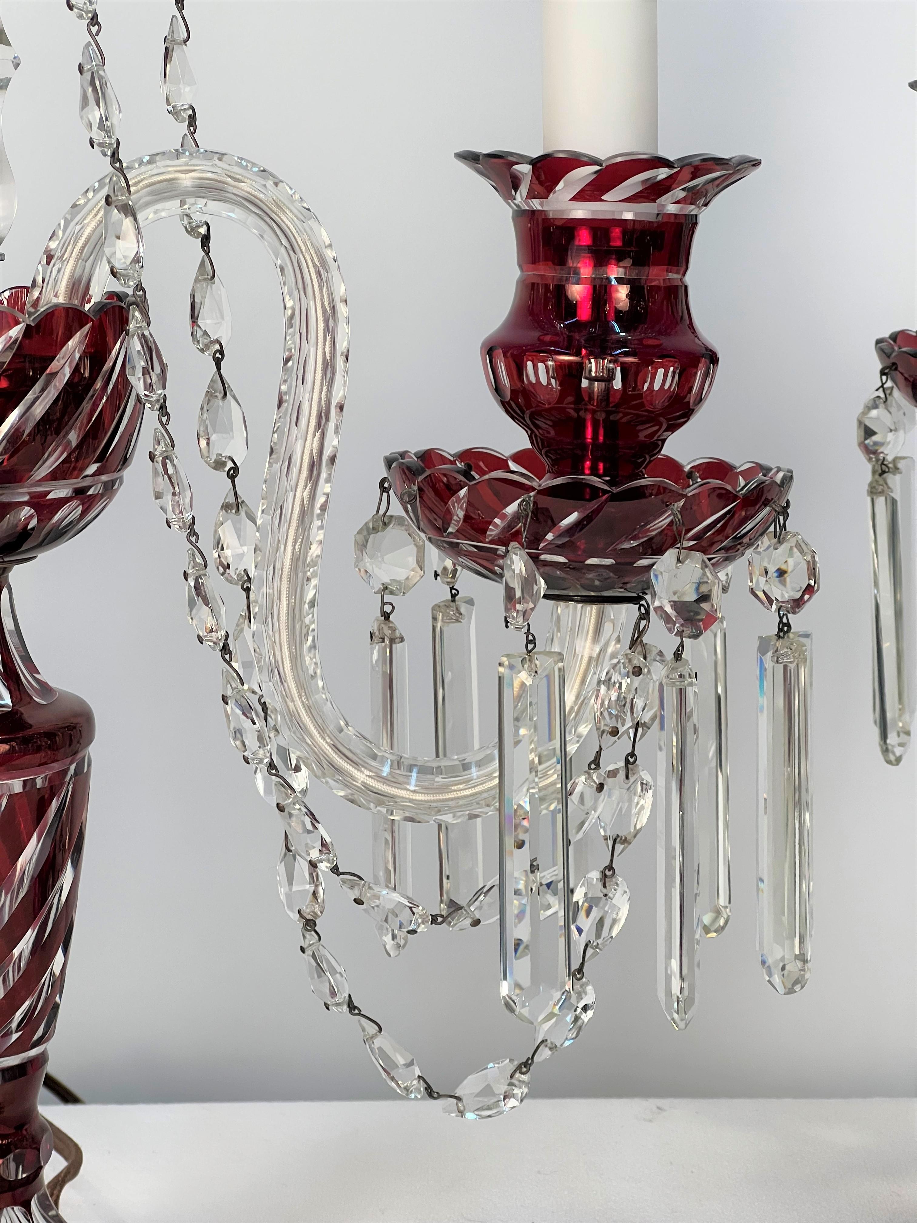 Double Arm Bohemian Girandoles 'Candelabrums' Cranberry & Clear Crystal For Sale 4