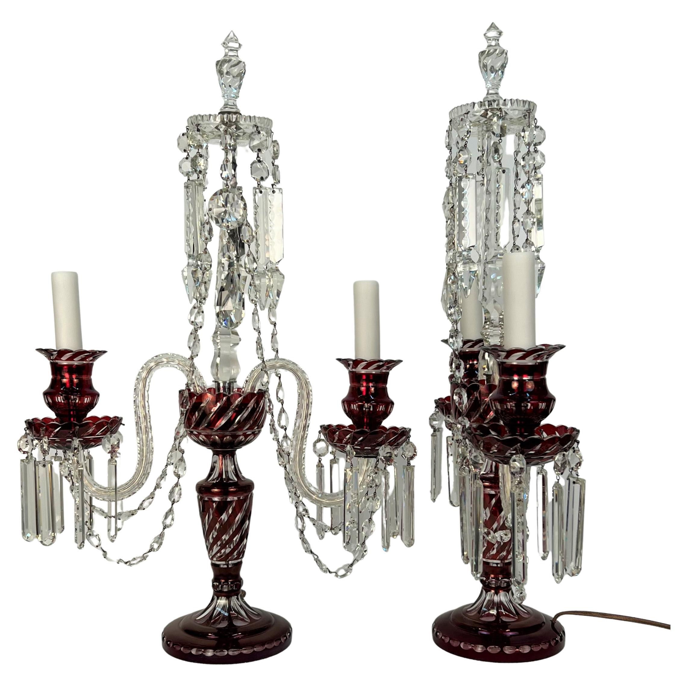 Double Arm Bohemian Girandoles 'Candelabrums' Cranberry & Clear Crystal For Sale