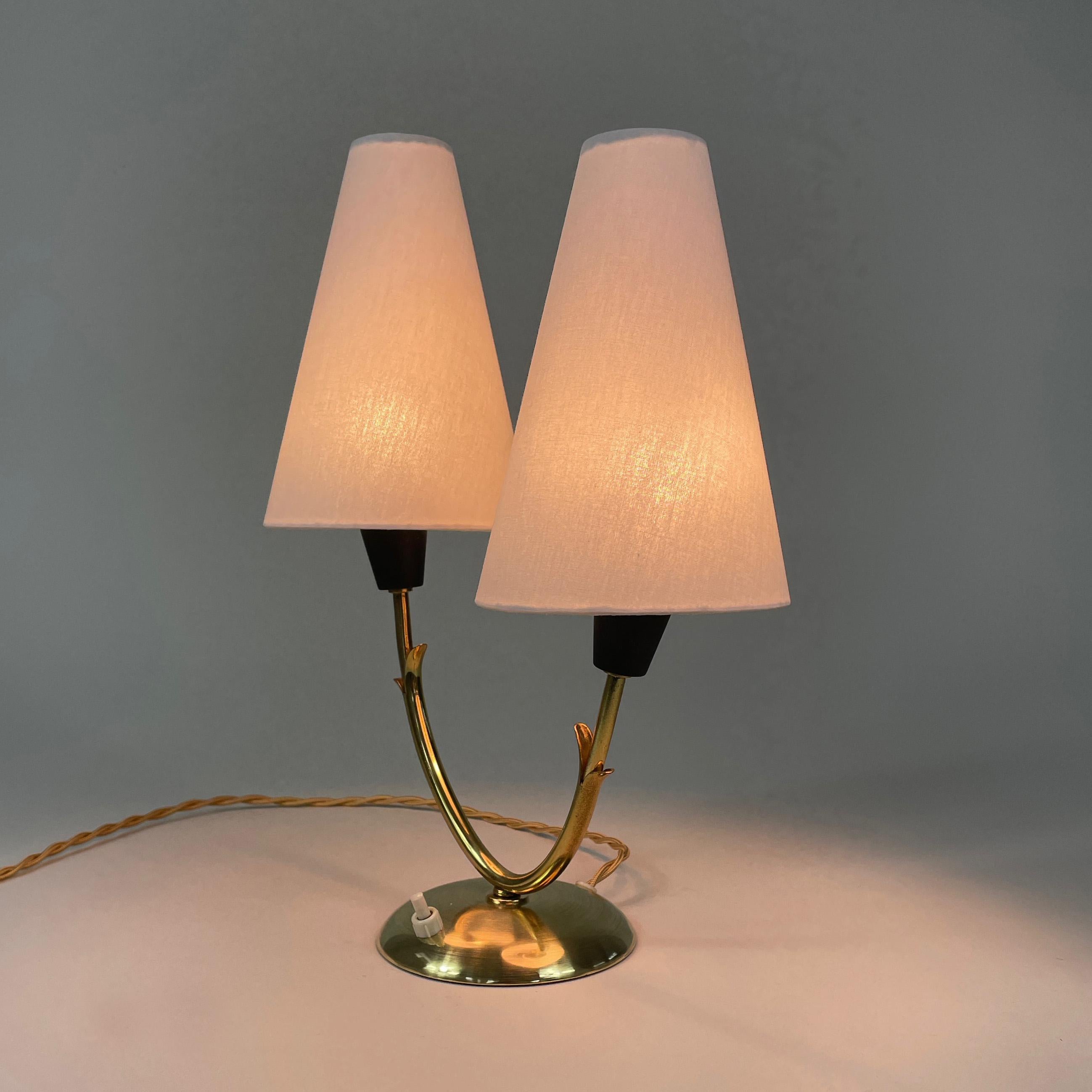 Fabric Double Arm Brass Table Lamp, Sweden 1950s For Sale