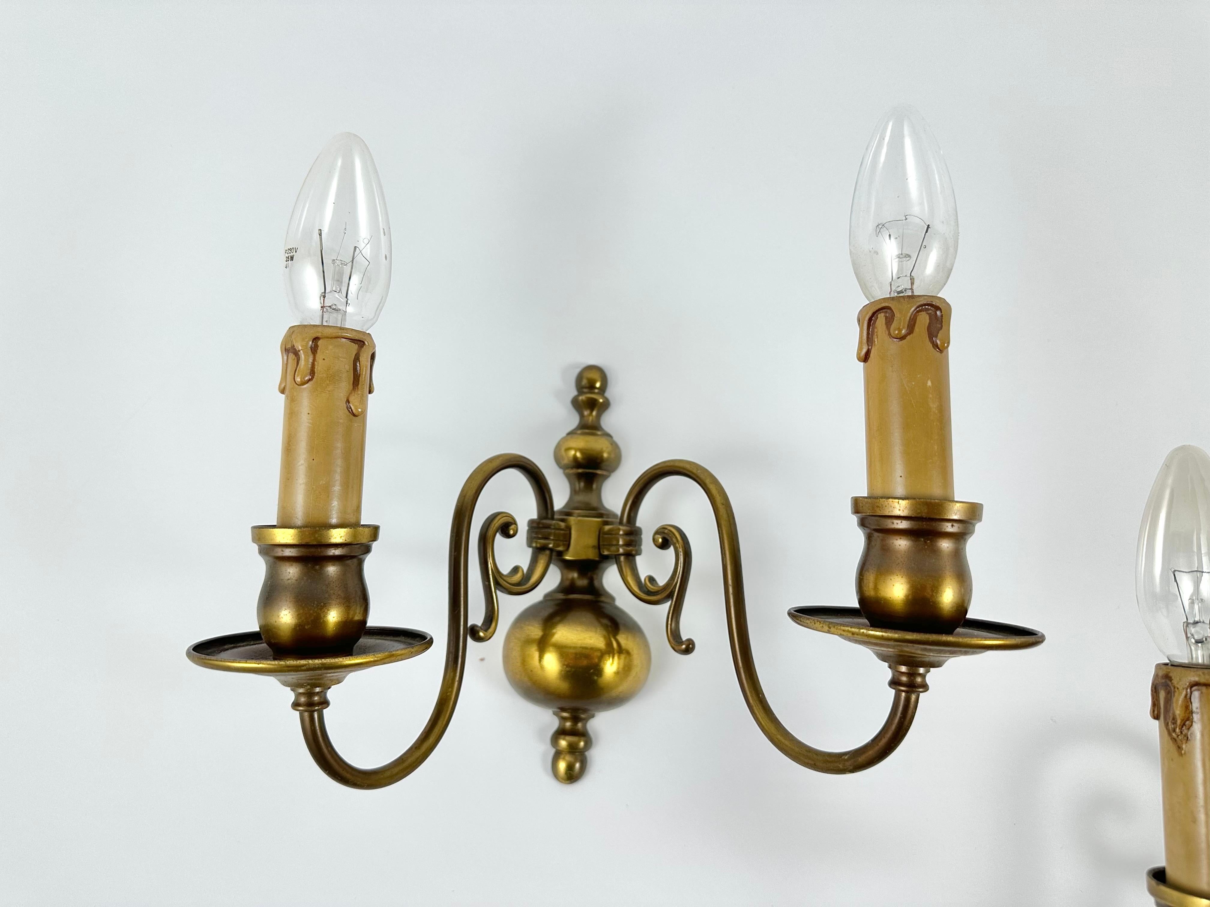 Double Arm Brass Wall Sconces, Set 2, Belgium 1970s In Excellent Condition For Sale In Bastogne, BE
