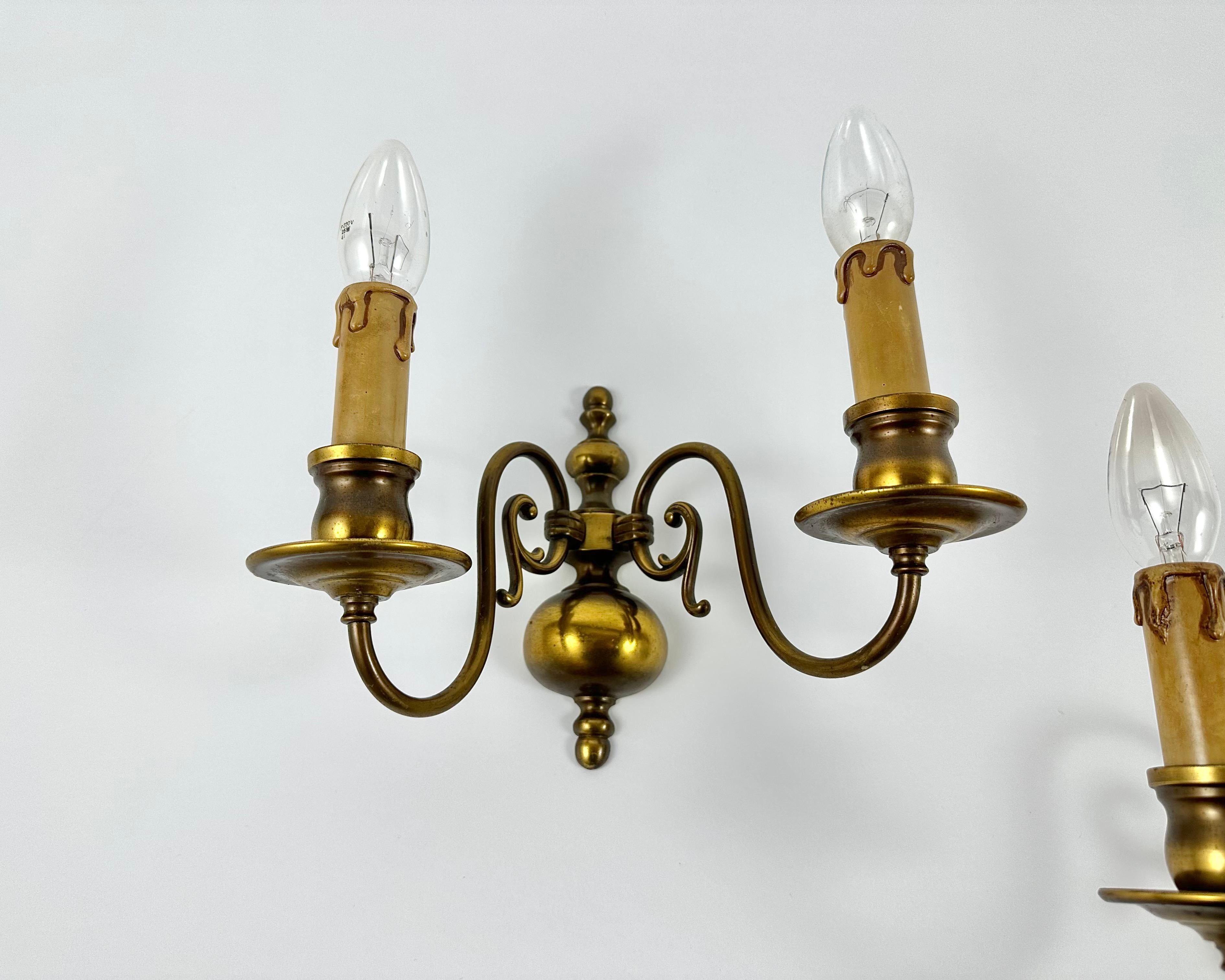 Late 20th Century Double Arm Brass Wall Sconces, Set 2, Belgium 1970s For Sale