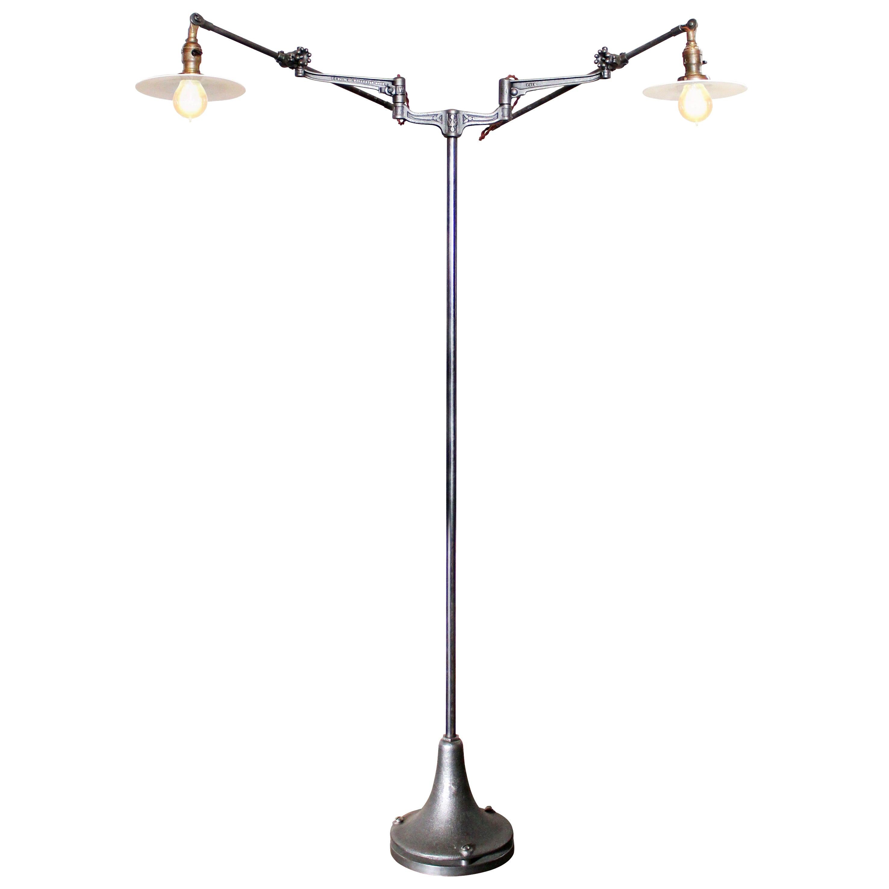 Double-Arm Milk-Glass Reading Lamp Adjustable Cast-Iron Vintage Factory Lighting For Sale