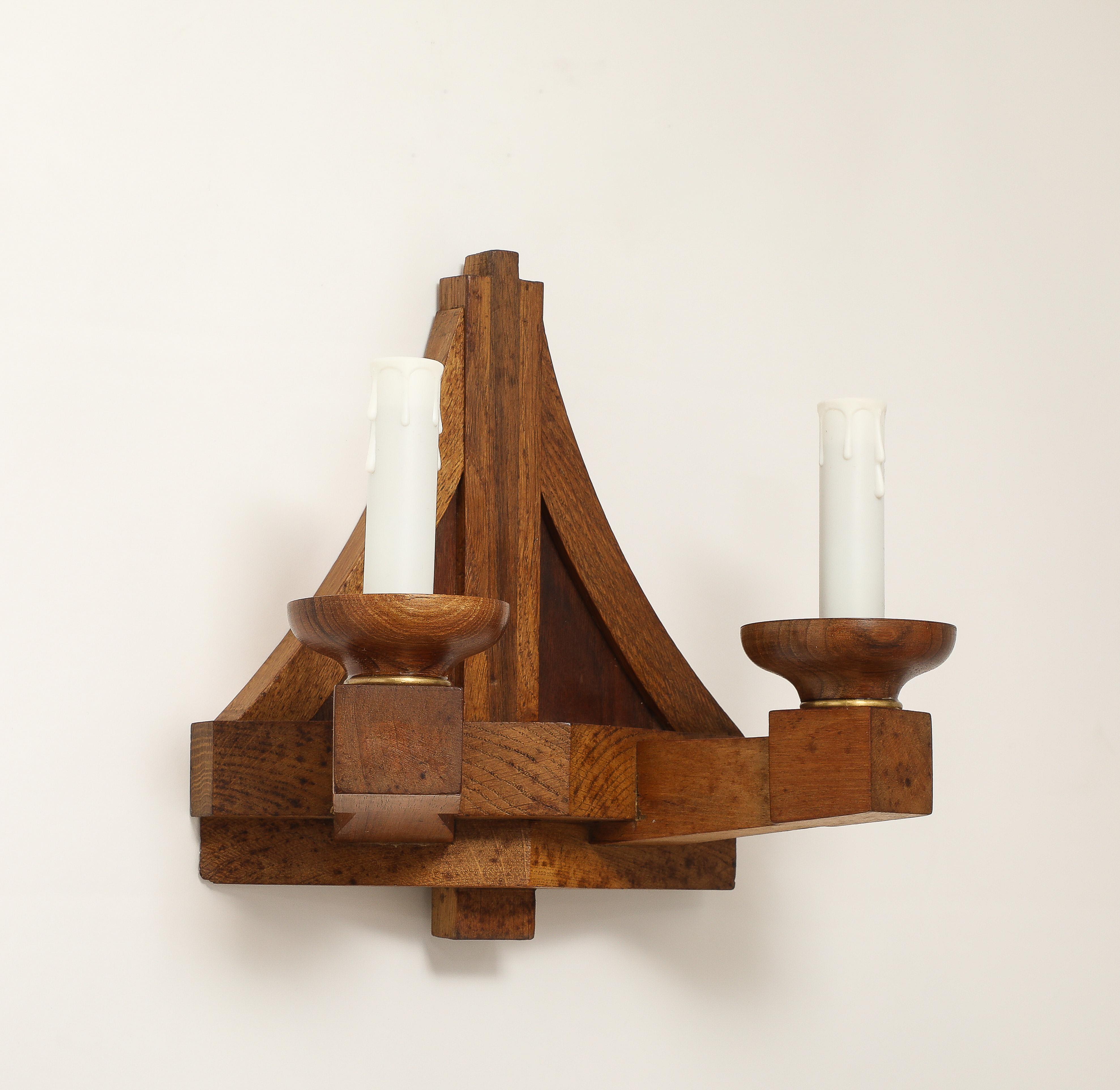 French Double Arms All Oak Modernist Sconces - France 1940's For Sale
