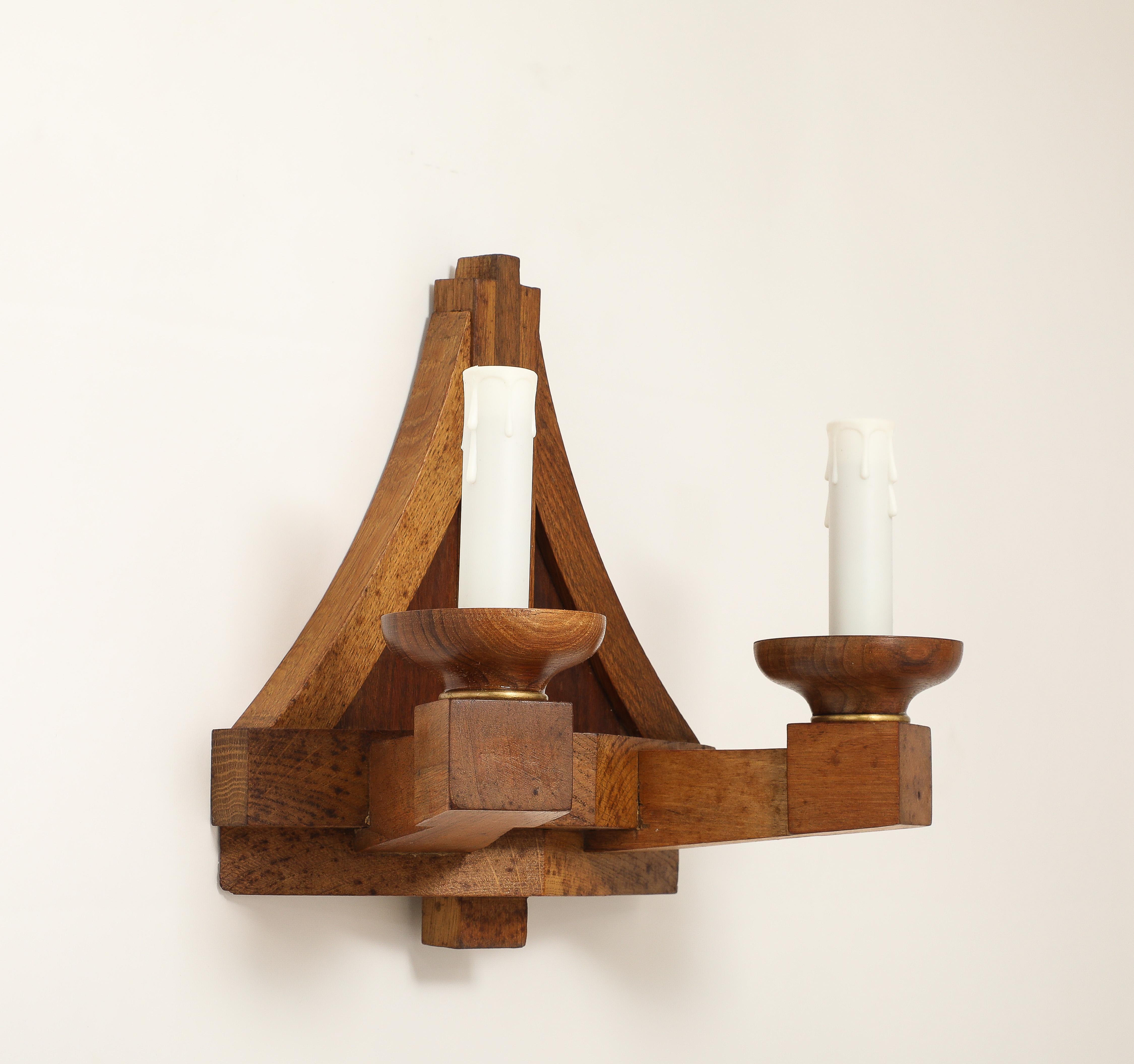 Double Arms All Oak Modernist Sconces - France 1940's In Good Condition For Sale In New York, NY