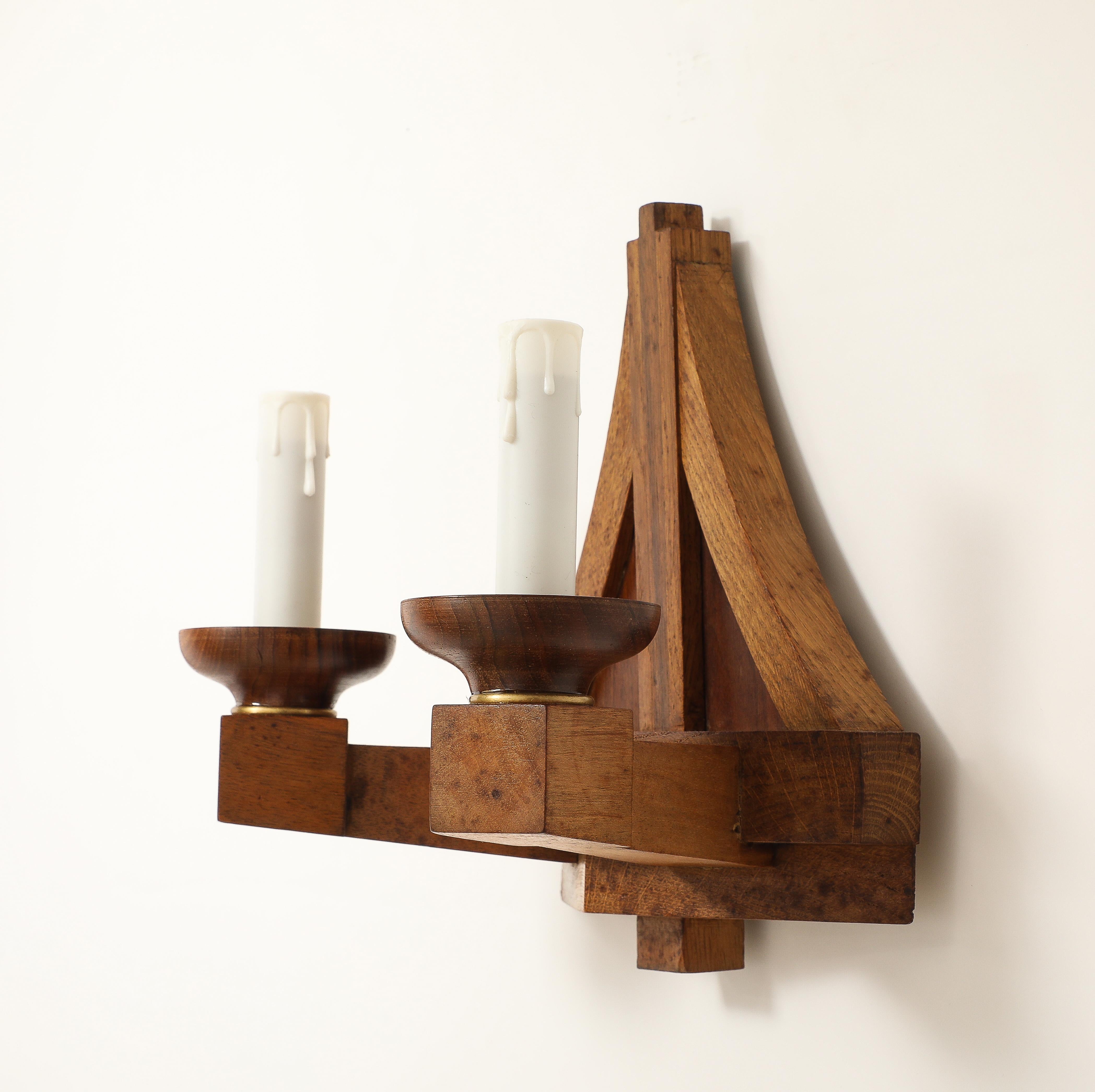 Double Arms All Oak Modernist Sconces - France 1940's For Sale 1