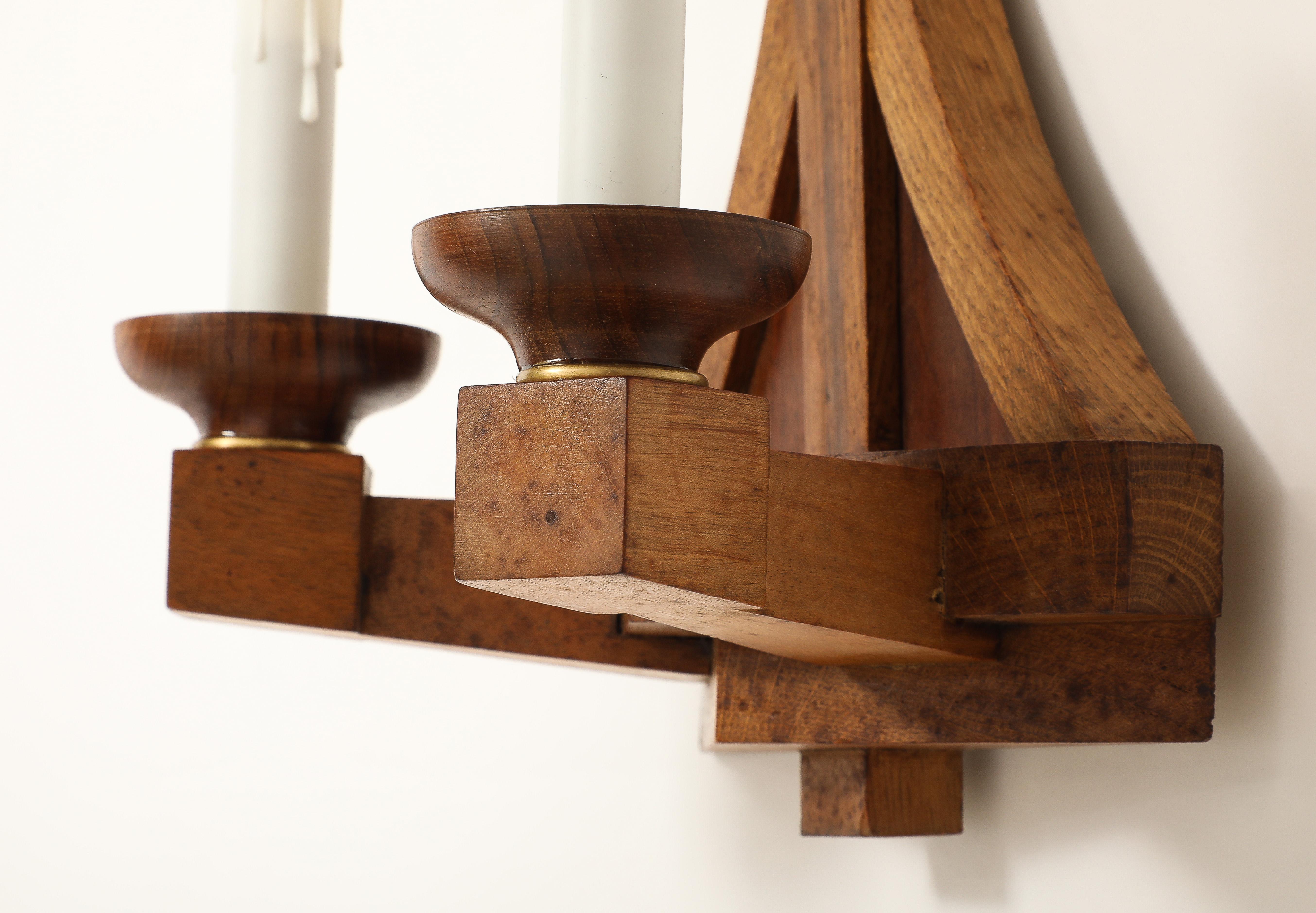 Double Arms All Oak Modernist Sconces - France 1940's For Sale 2