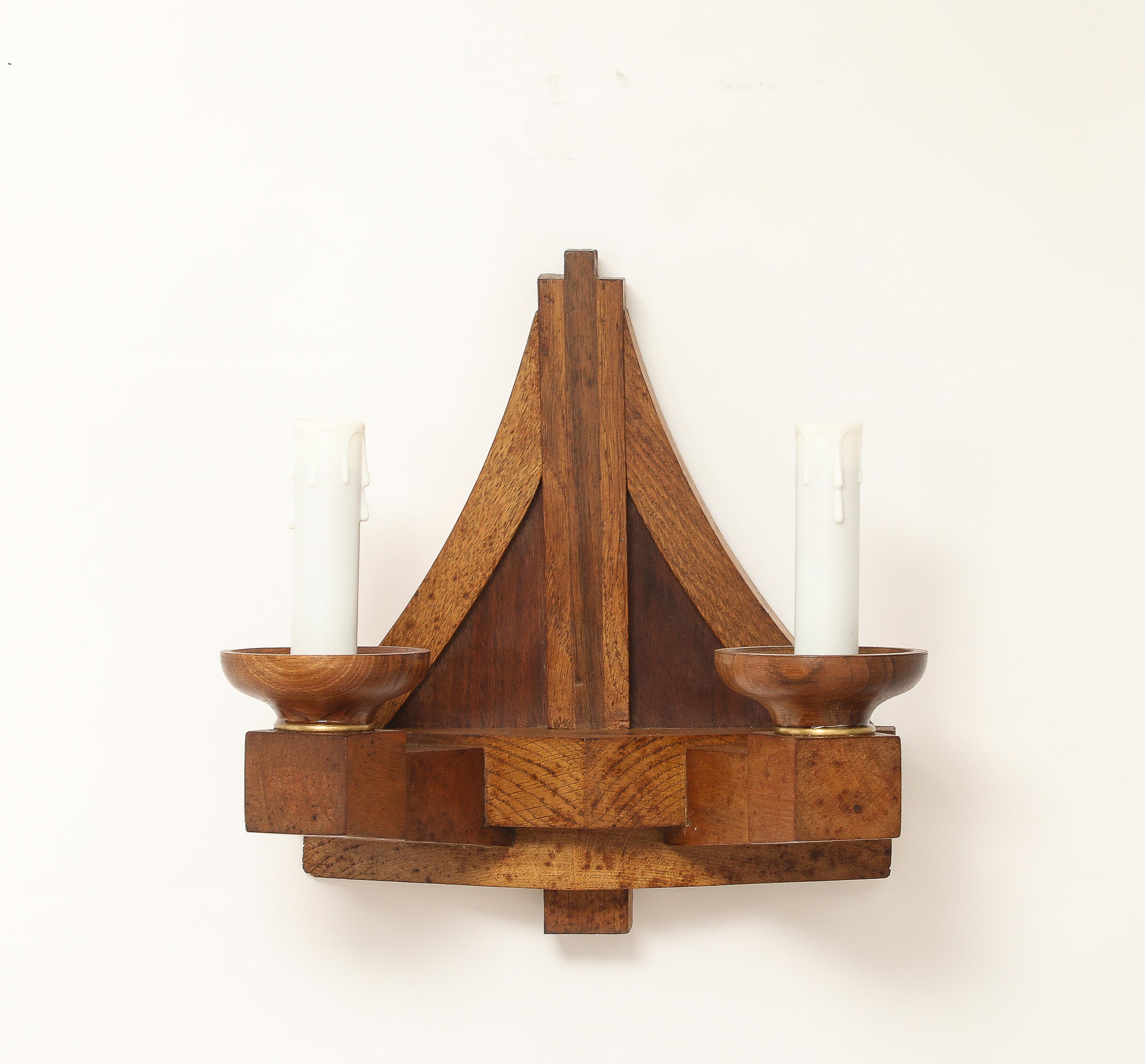 Double Arms All Oak Modernist Sconces - France 1940's For Sale 3
