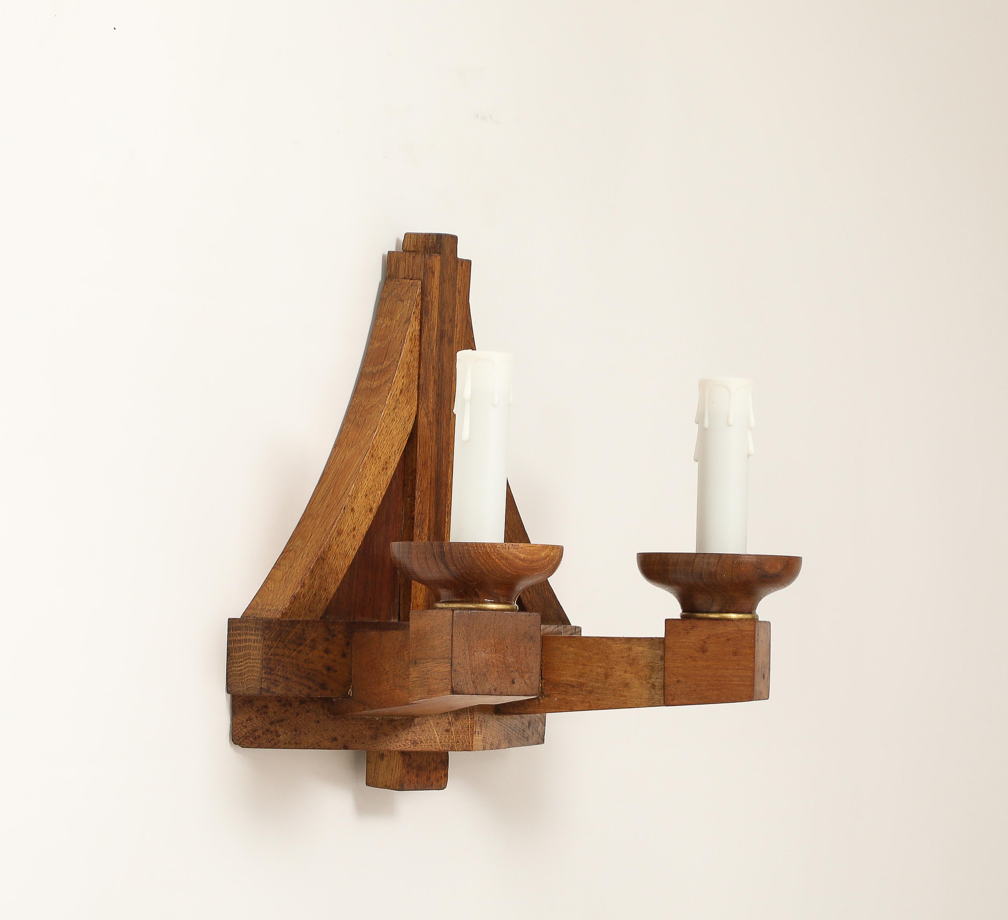 Double Arms All Oak Modernist Sconces - France 1940's For Sale 4