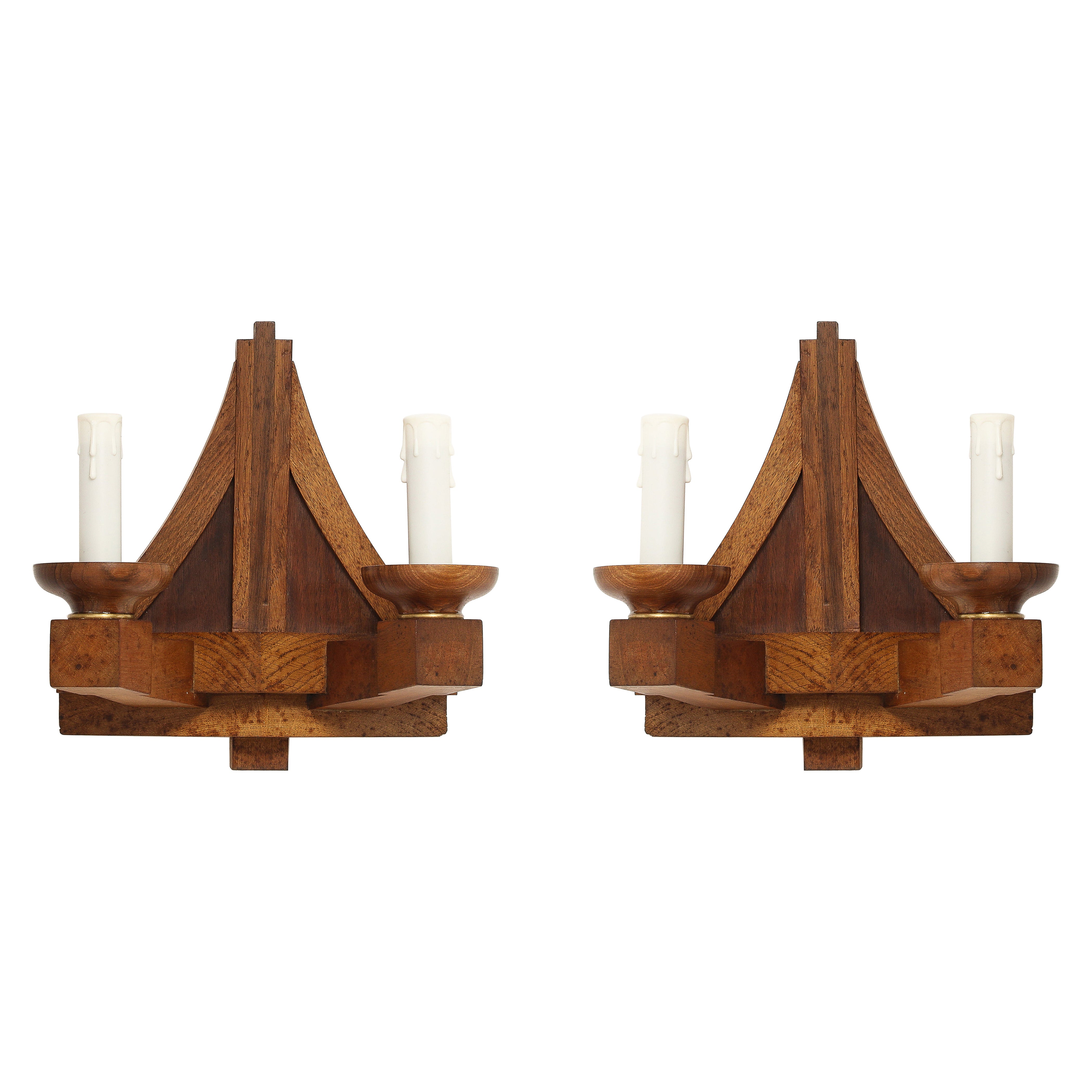 Double Arms All Oak Modernist Sconces - France 1940's For Sale