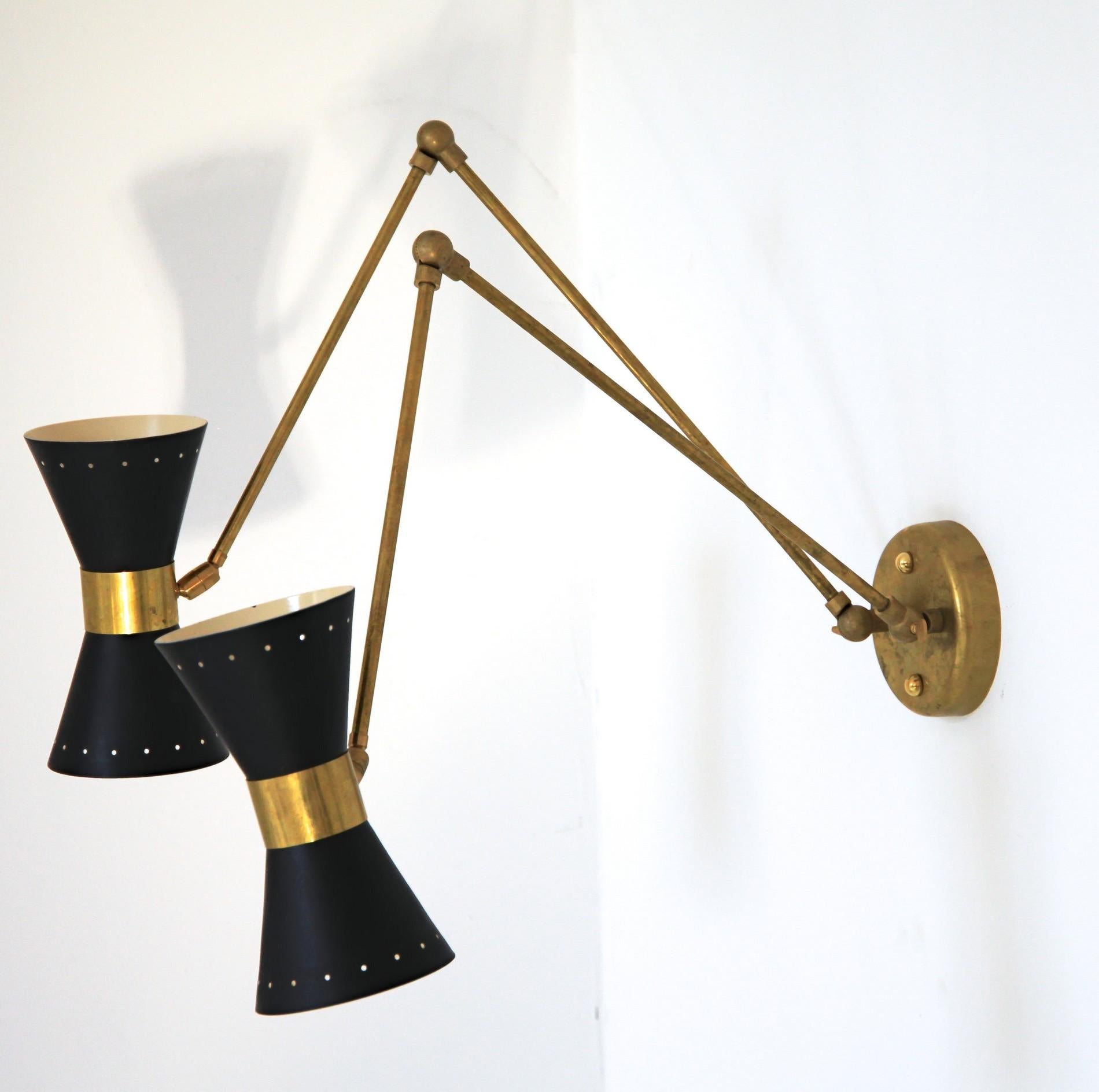Double Articulated Sconce, Midcentury Stilnovo Style Solid Brass Black Shades 2