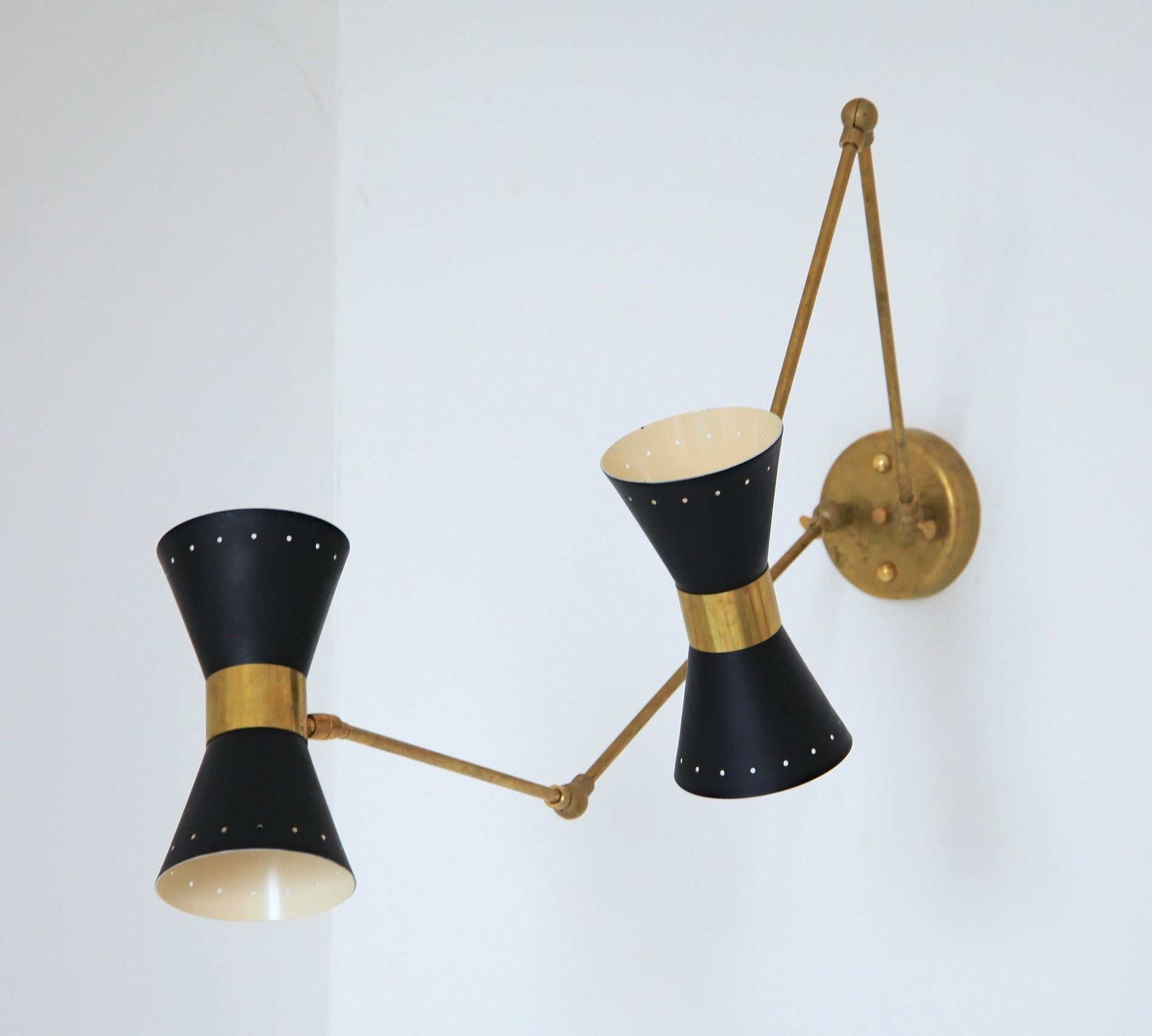 Double Articulated Sconce, Midcentury Stilnovo Style Solid Brass Black Shades 3
